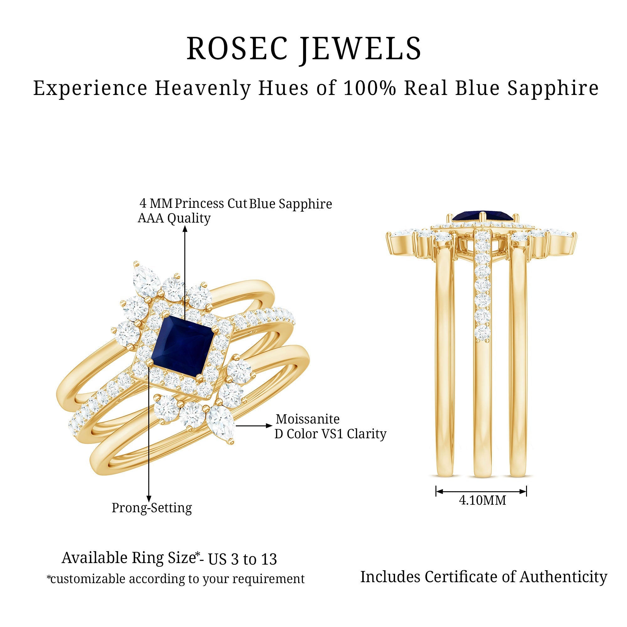 1.5 CT Princess Cut Blue Sapphire Bridal Ring Set with Moissanite Halo