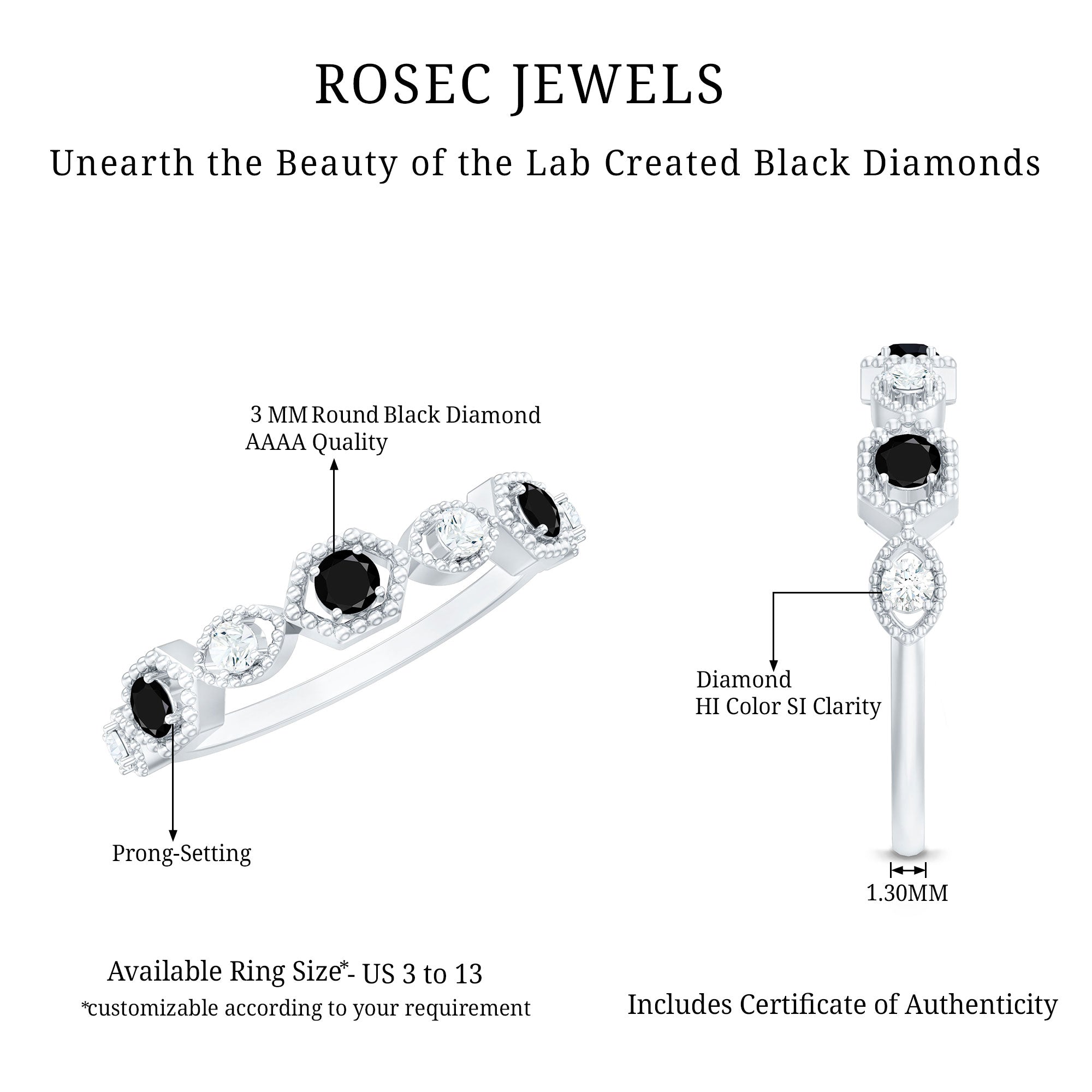 Certified Lab Grown Black and White Diamond Half Eternity Ring