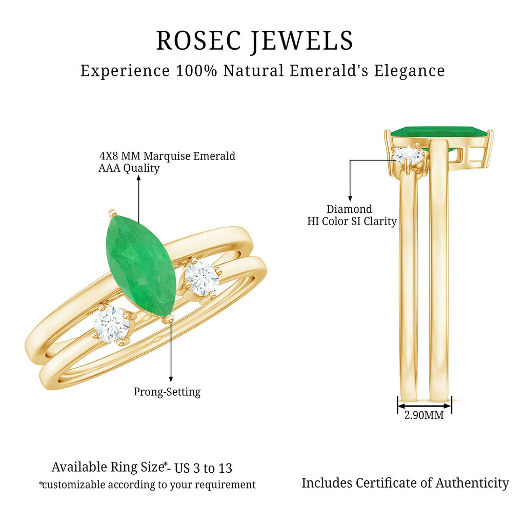Natural Marquise Emerald Diamond Promise Ring Set of 2