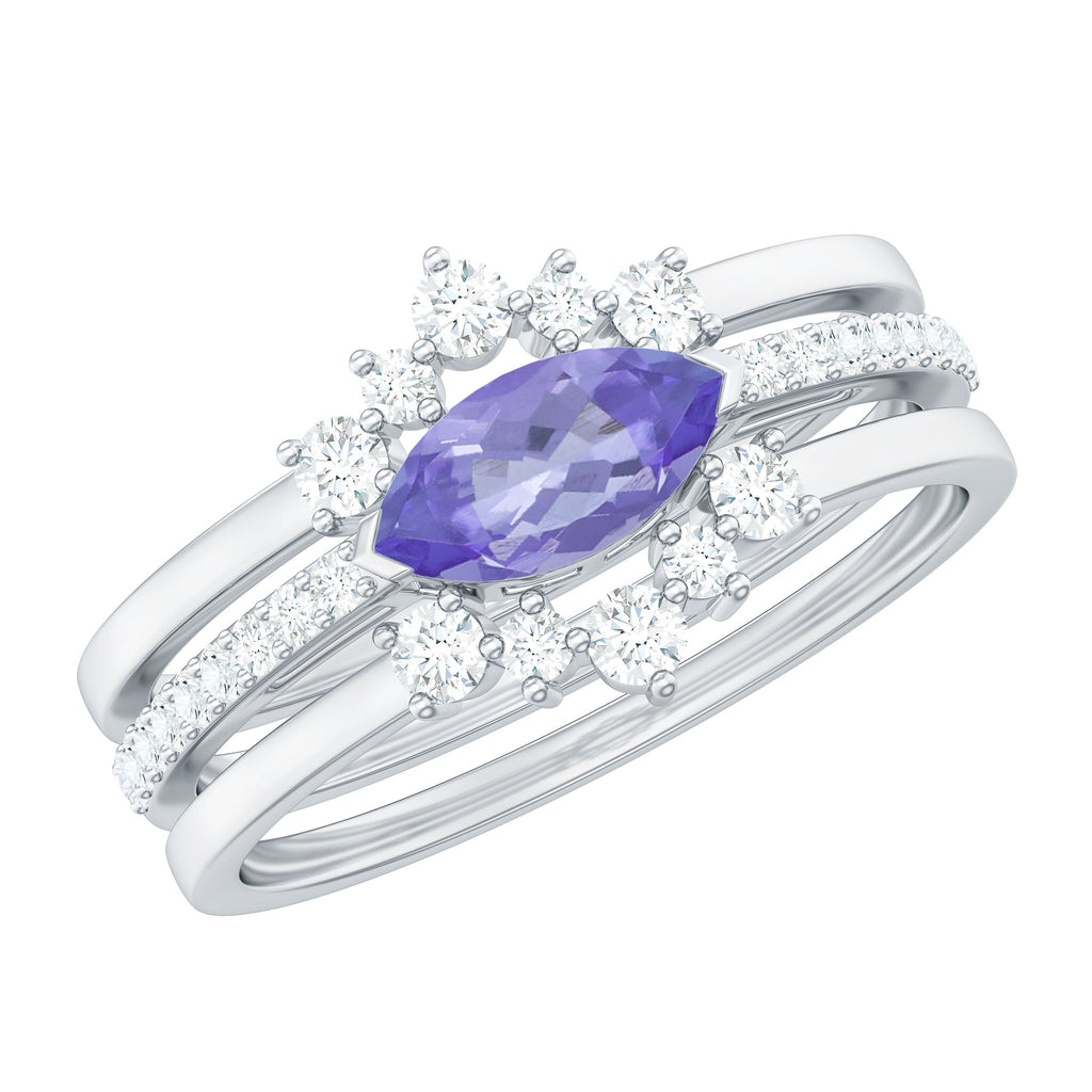 Certified Real Marquise Tanzanite 3 Piece Wedding Ring Set with Diamond