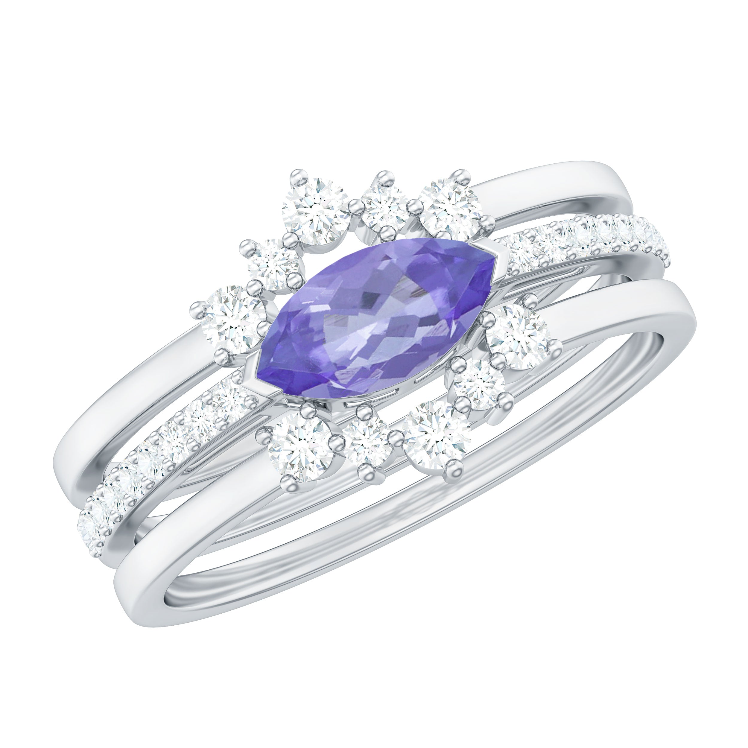 Certified Real Marquise Tanzanite 3 Piece Wedding Ring Set with Diamond