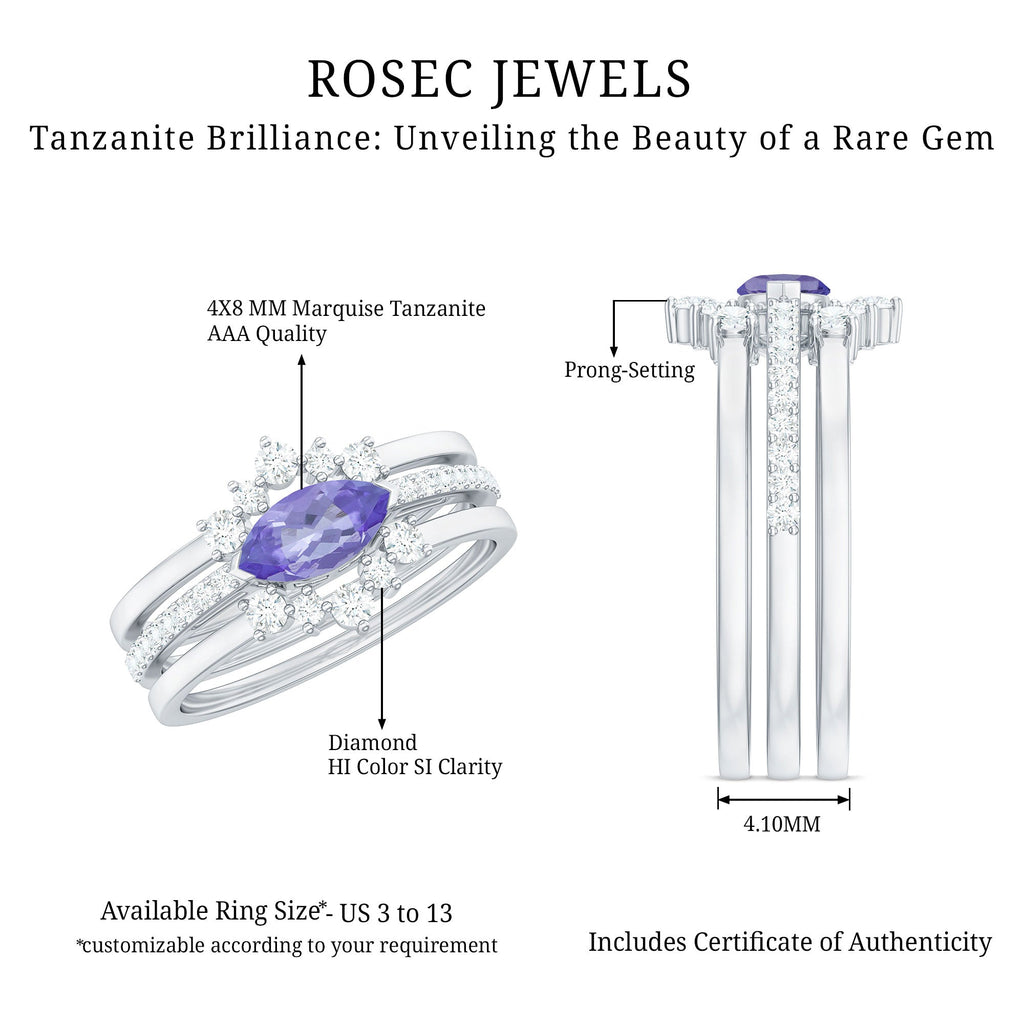 Certified Real Marquise Tanzanite 3 Piece Wedding Ring Set with Diamond