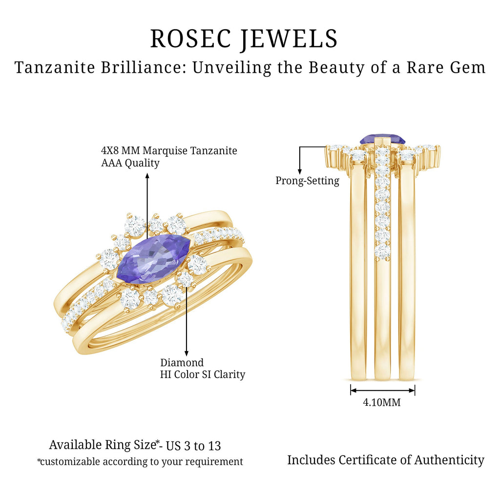 Certified Real Marquise Tanzanite 3 Piece Wedding Ring Set with Diamond
