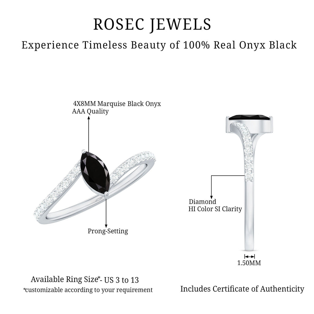4X8mm Marquise Cut Black Onyx Promise Ring with Diamond Bypass Shank