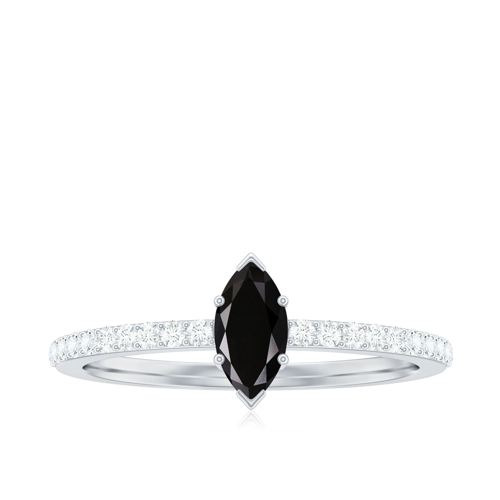 4x8mm Marquise Cut Black Onyx Minimal Promise Ring with Diamond