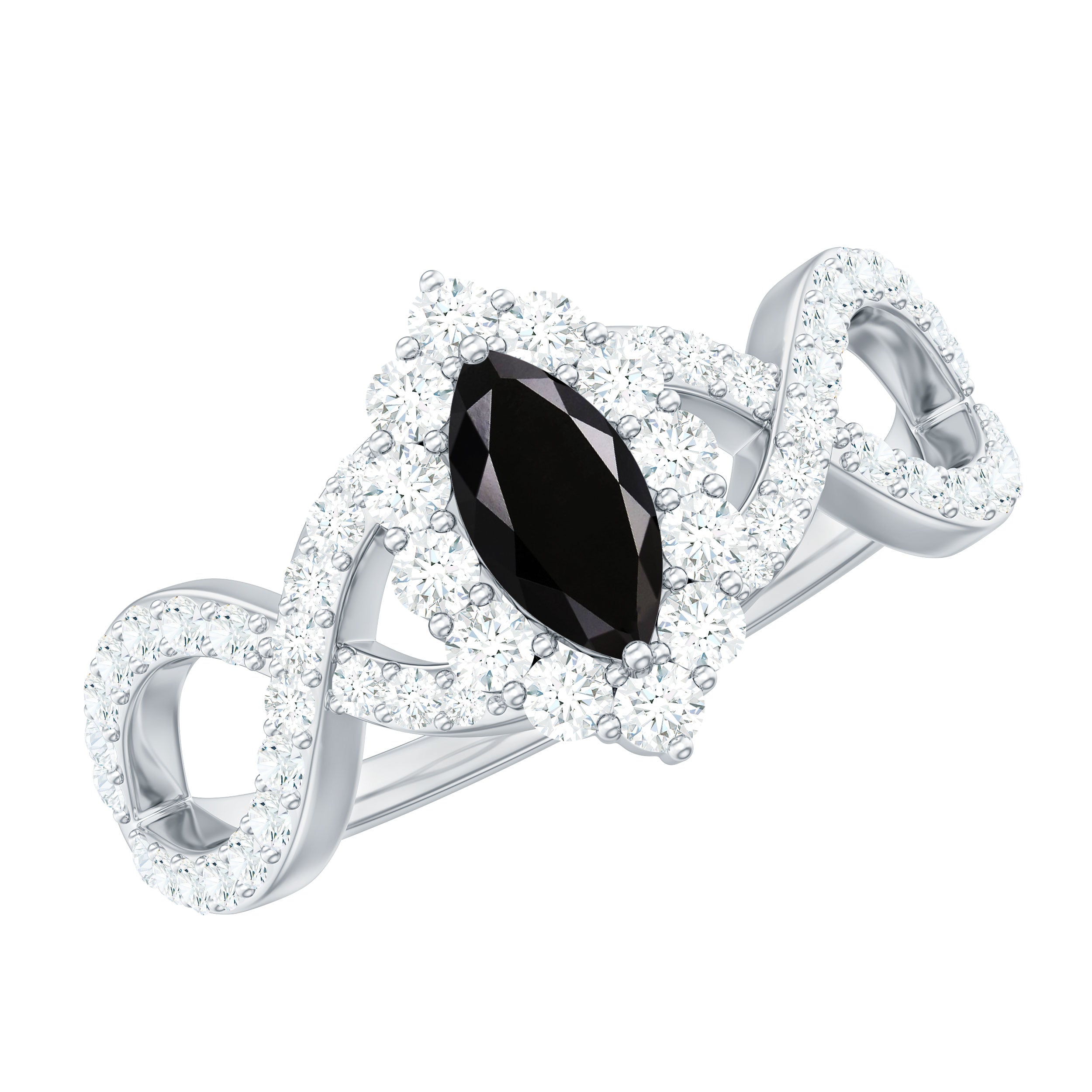 Natural Marquise Black Spinel Engagement Ring with Diamond Crossover Shank