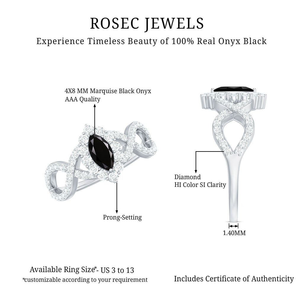 4x8mm Marquise Cut Black Onyx Statement Engagement Ring with Diamond Halo