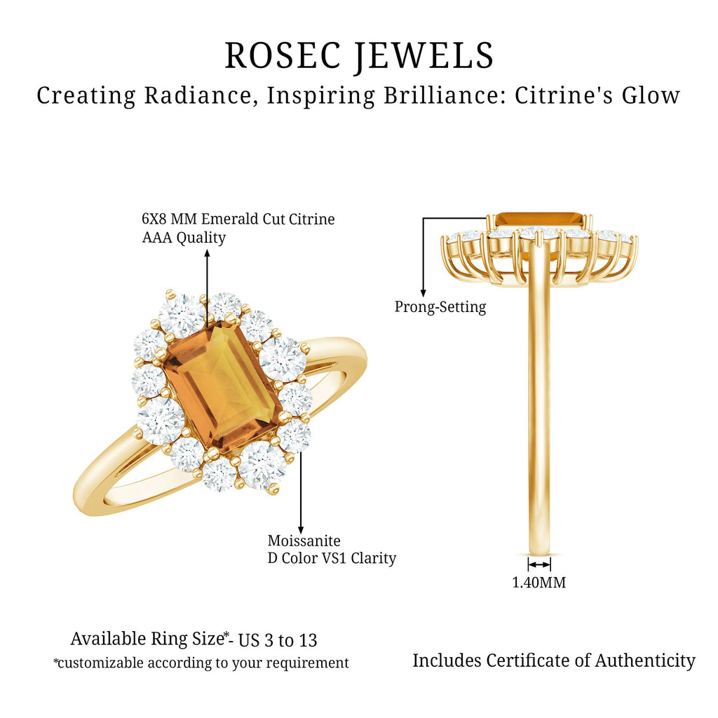 Certified Real 1.8 Carat Citrine Emerald Cut Engagement Ring with Diamond Halo