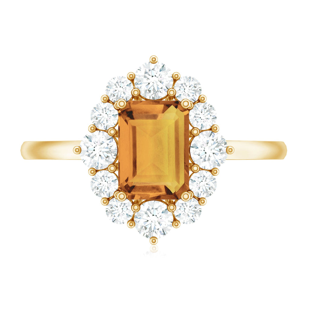 Certified Real 1.8 Carat Citrine Emerald Cut Engagement Ring with Diamond Halo