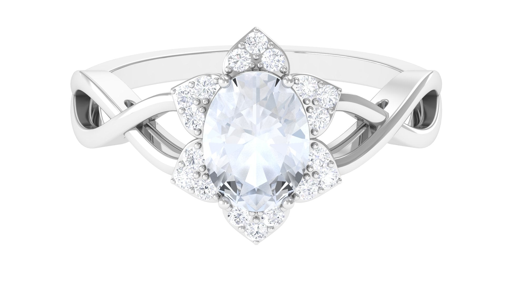 3/4 CT Oval Cut Solitaire Moonstone and Diamond Floral Halo Ring