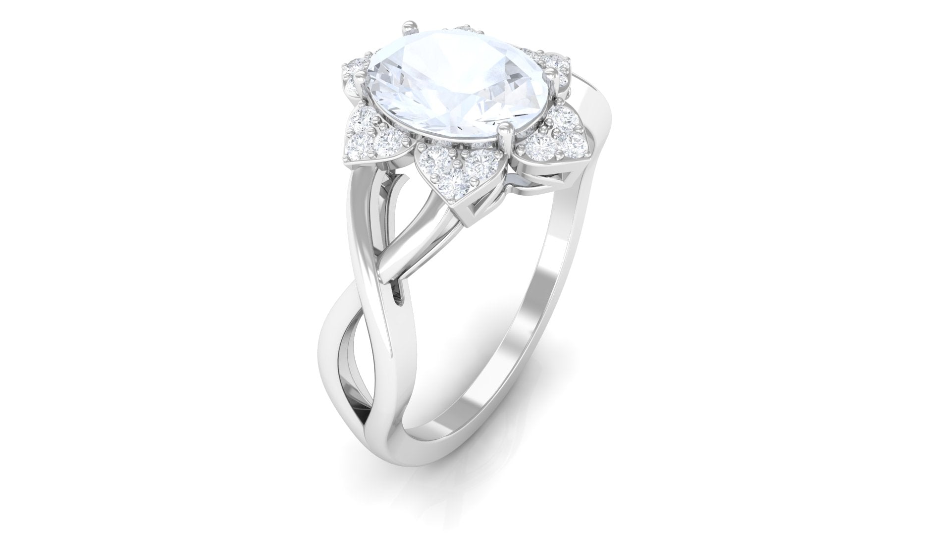 3/4 CT Oval Cut Solitaire Moonstone and Diamond Floral Halo Ring