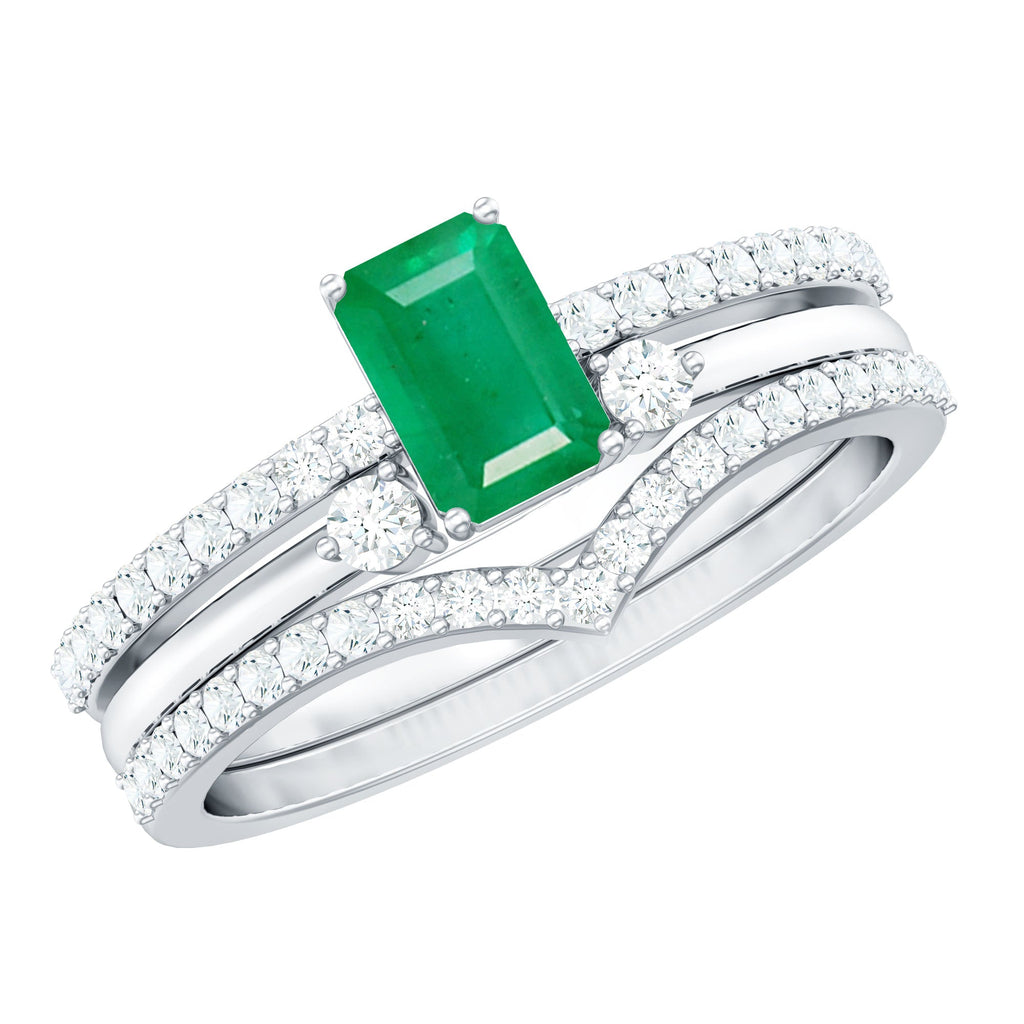 Natural Emerald Cut Emerald Diamond 3 Piece Bridal Ring Set