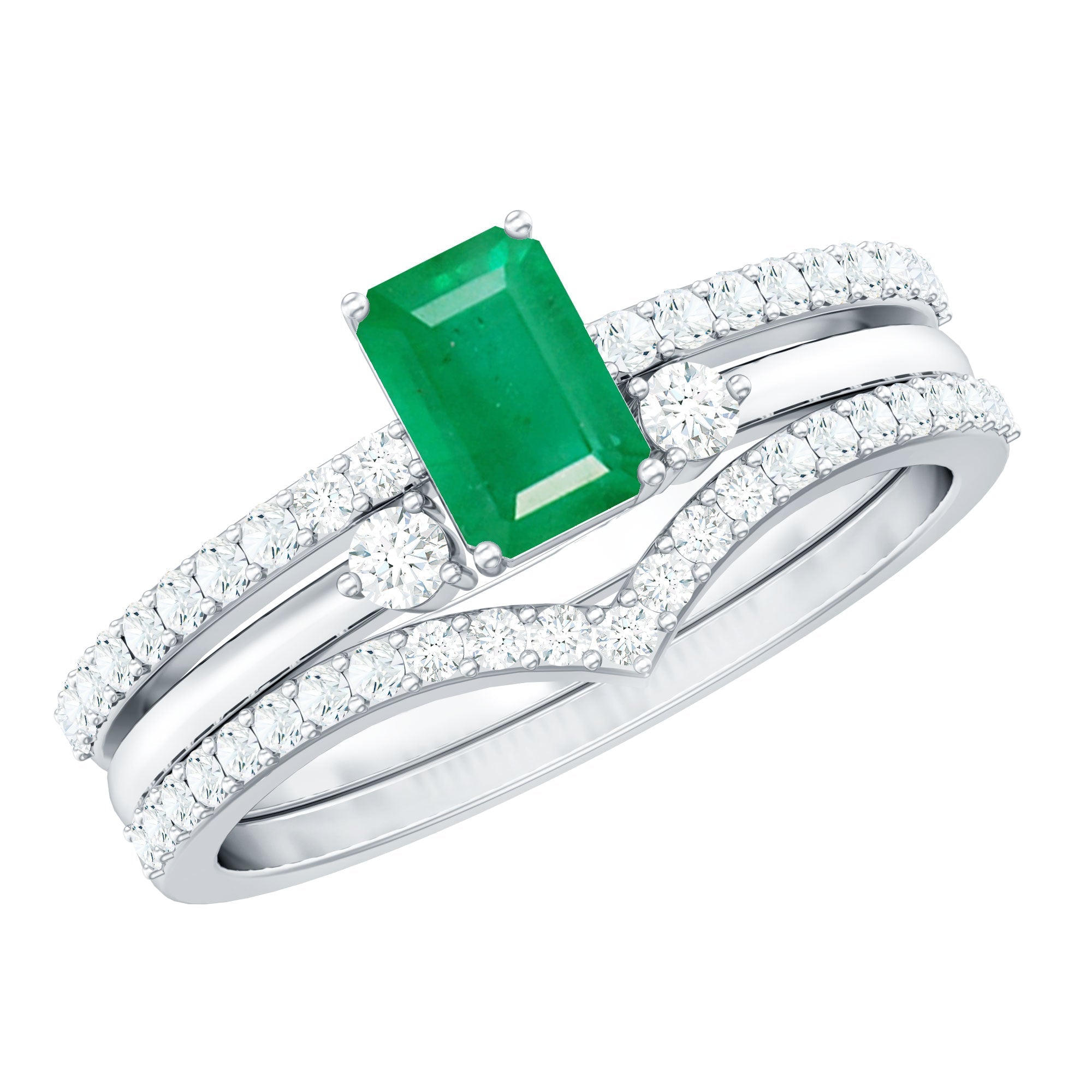 Natural Emerald Cut Emerald Diamond 3 Piece Bridal Ring Set