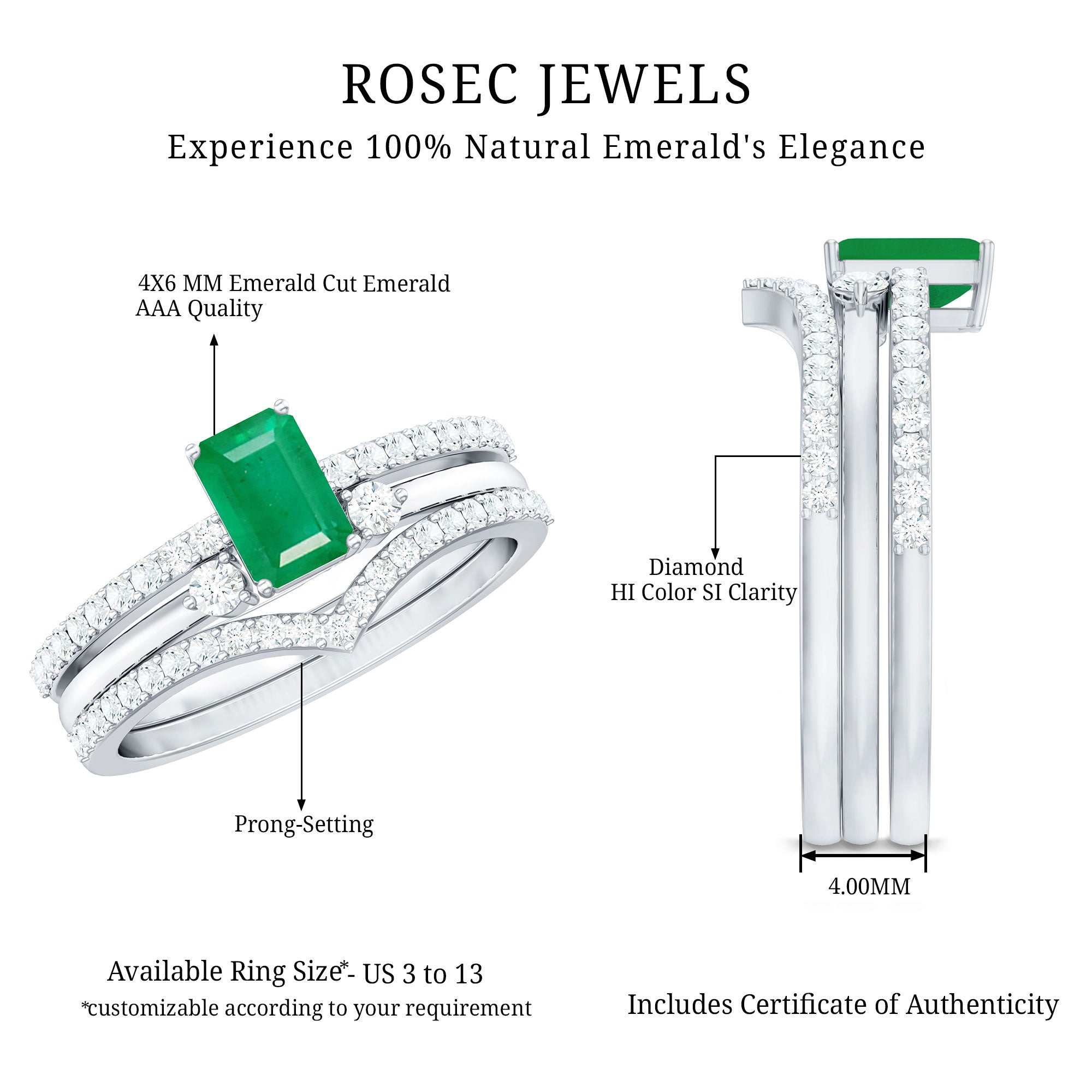 Natural Emerald Cut Emerald Diamond 3 Piece Bridal Ring Set