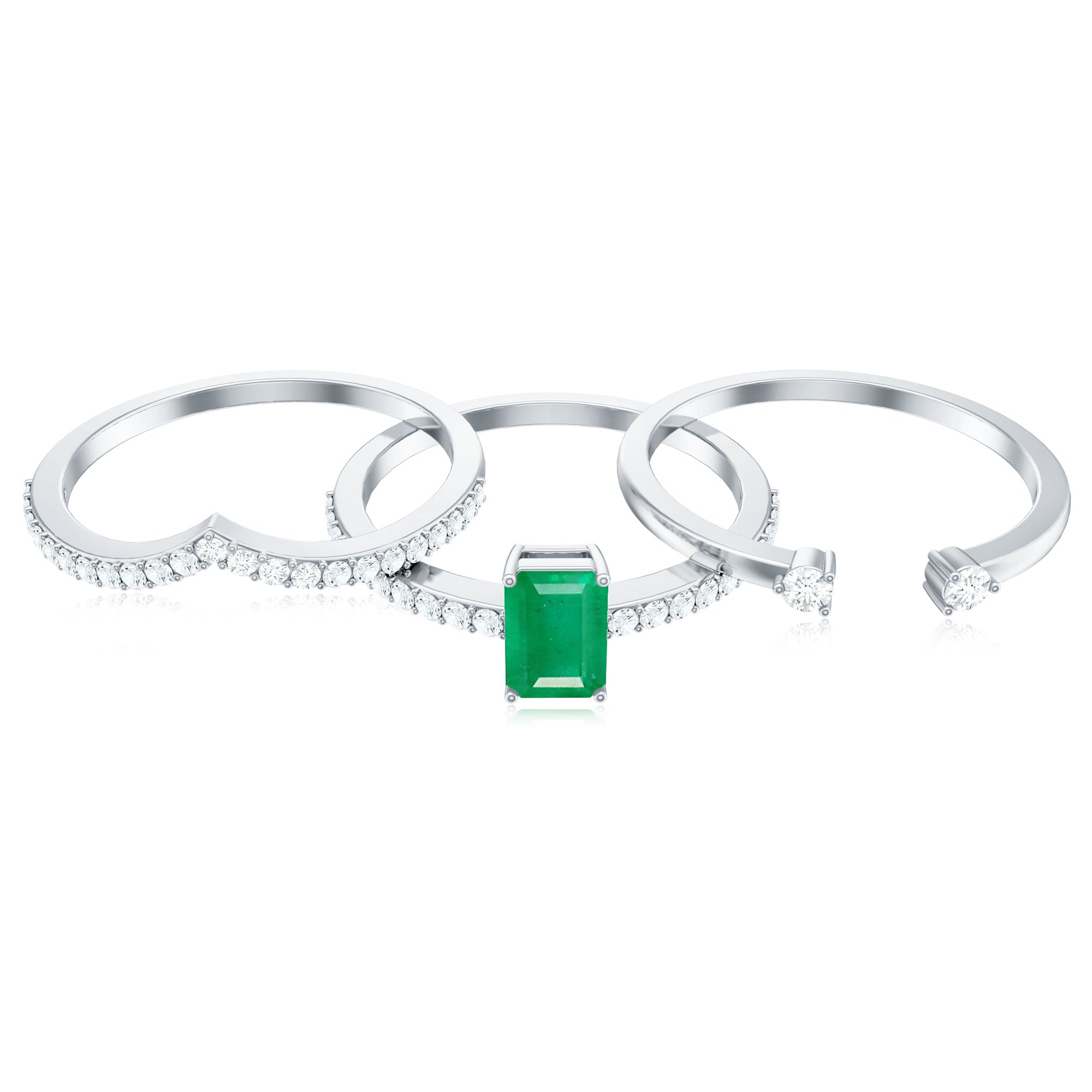 Natural Emerald Cut Emerald Diamond 3 Piece Bridal Ring Set