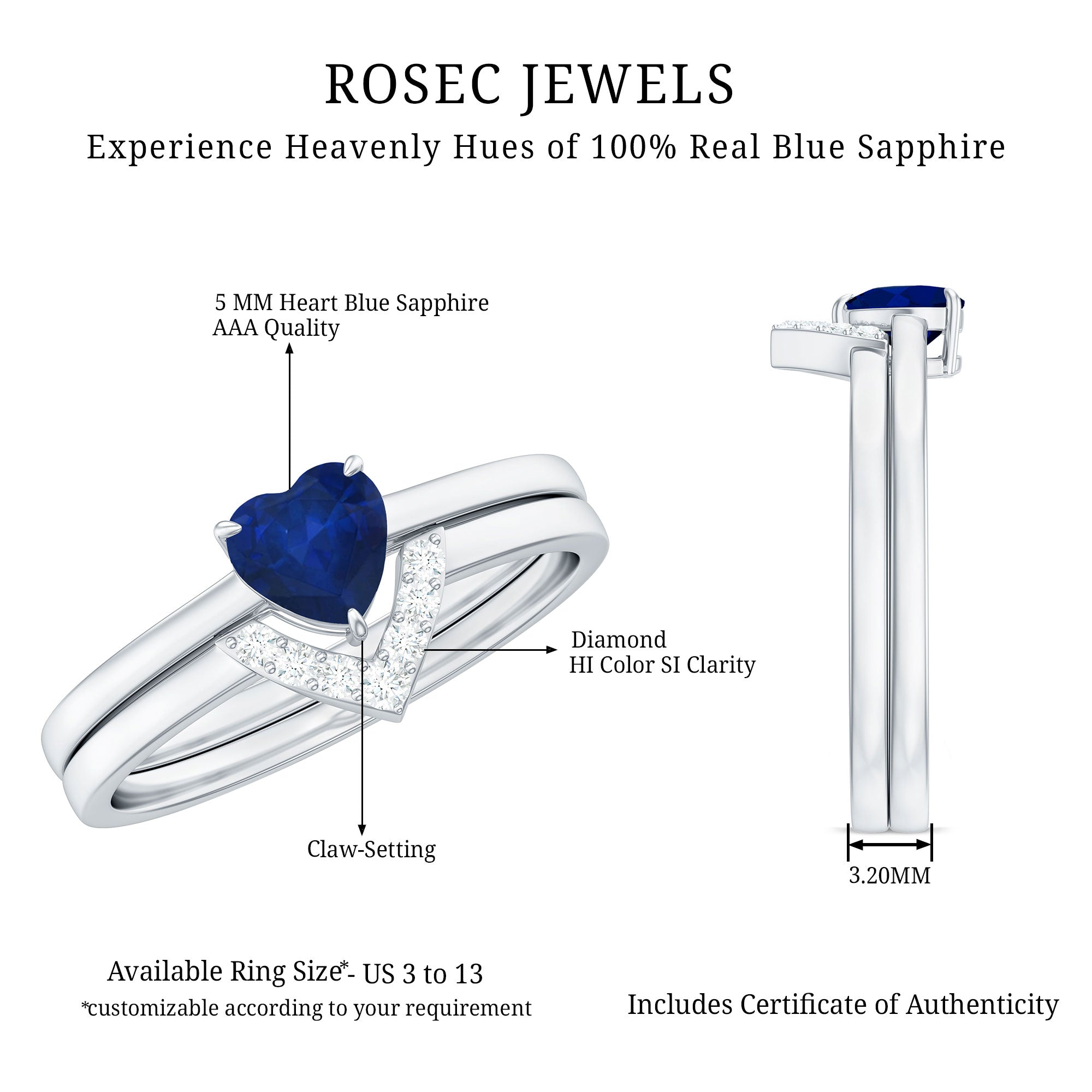 3/4 CT Heart Shape Blue Sapphire Solitaire Ring Set with Diamond Chevron Band