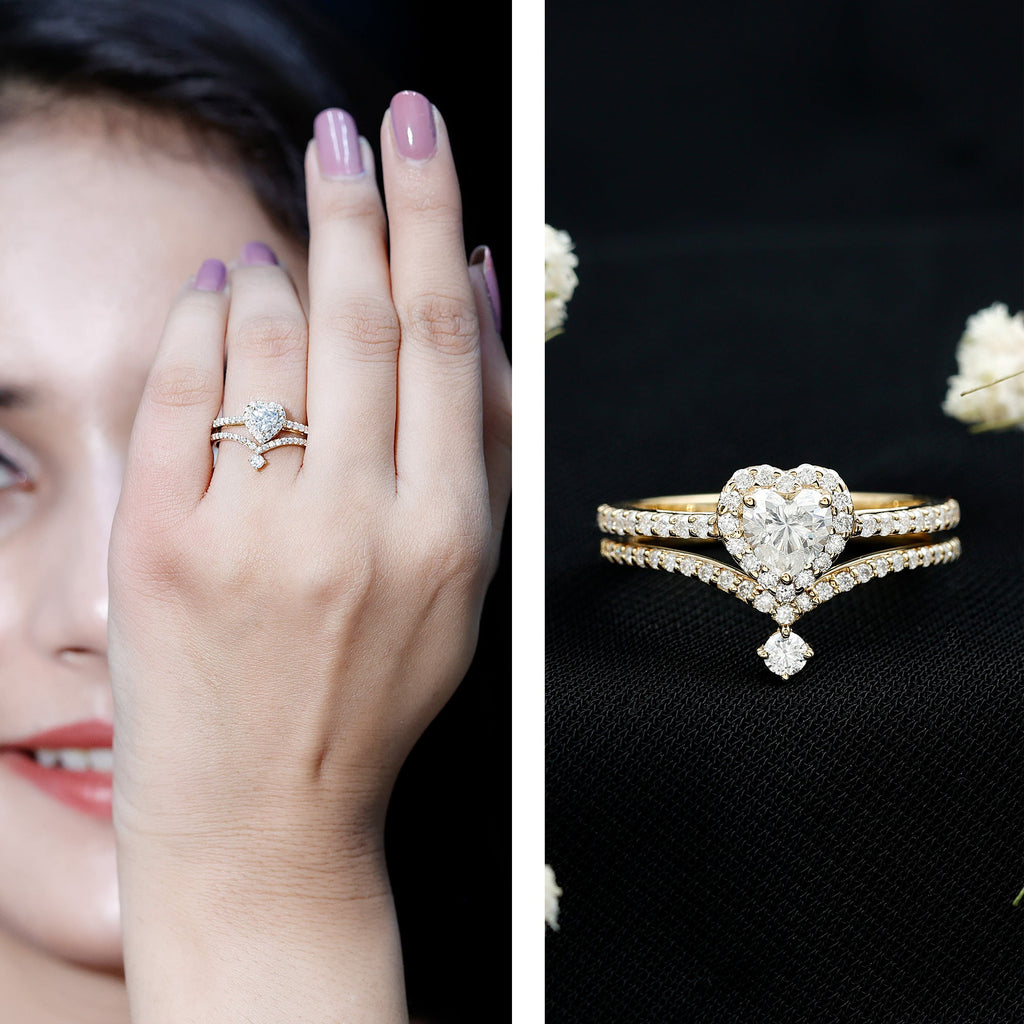 Cubic Zirconia Heart Ring Set with V Shape Band