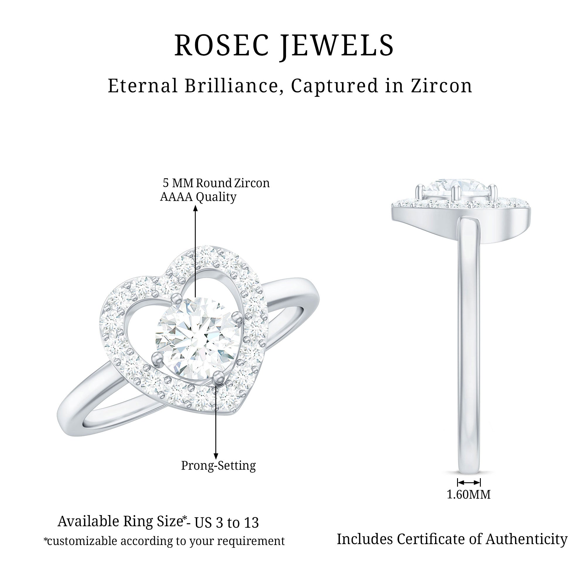 1 CT Round Cut Zircon Heart Engagement Ring with Halo