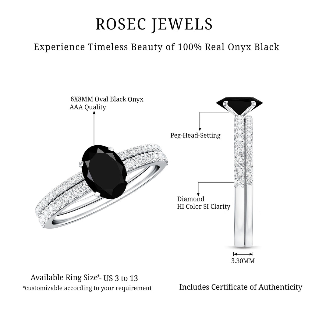 6X8mm Oval Cut Black Onyx Solitaire Rings Set with Diamond Wedding Band