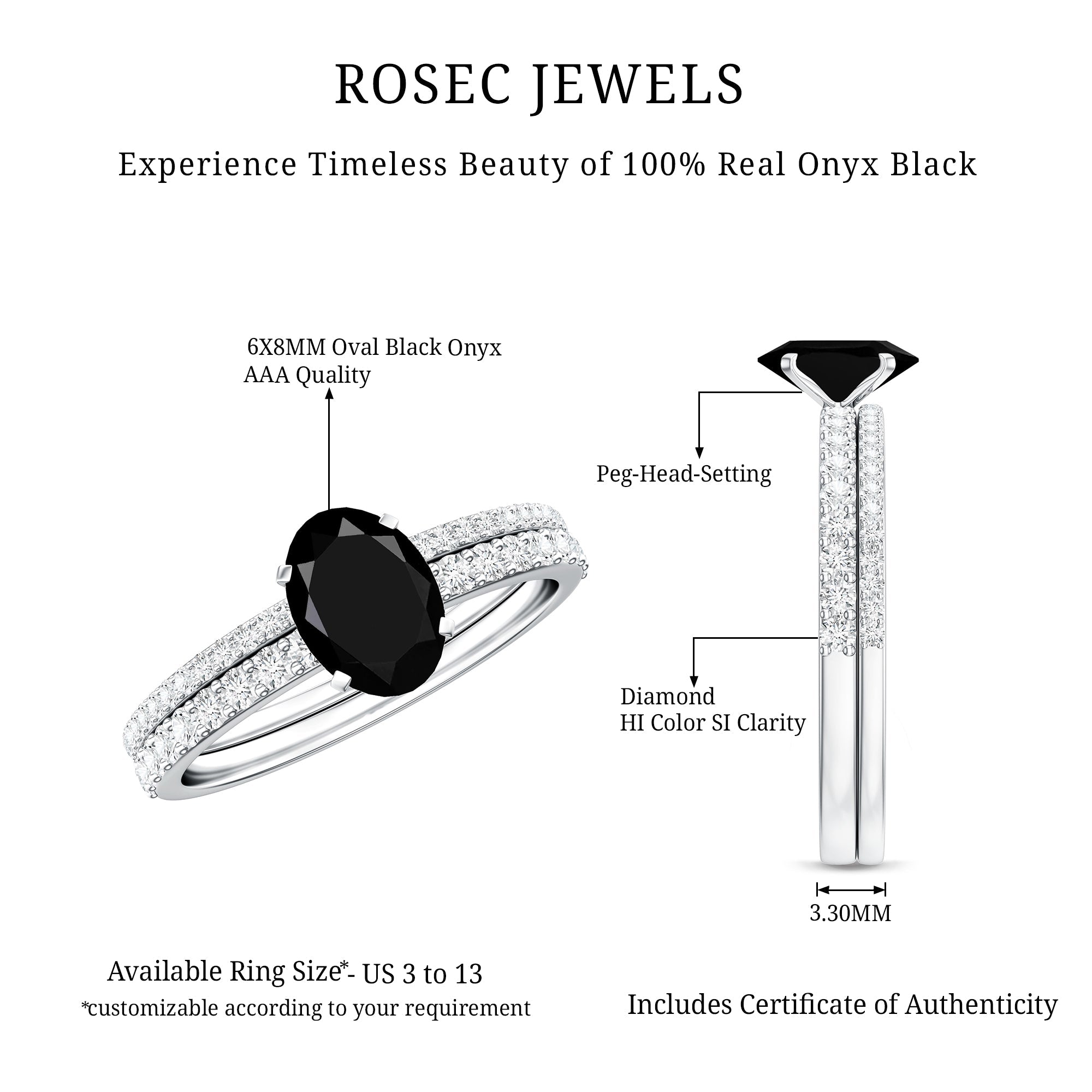 6X8mm Oval Cut Black Onyx Solitaire Rings Set with Diamond Wedding Band