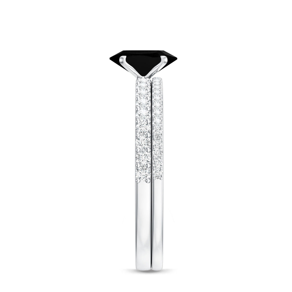 6X8mm Oval Cut Black Onyx Solitaire Rings Set with Diamond Wedding Band