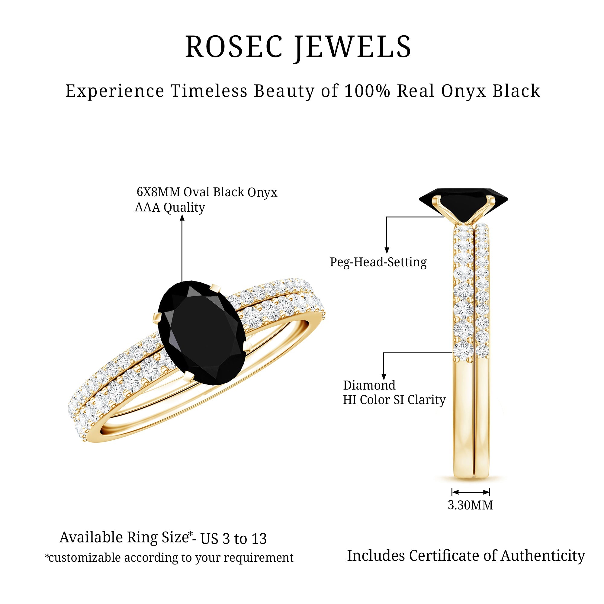 6X8mm Oval Cut Black Onyx Solitaire Rings Set with Diamond Wedding Band