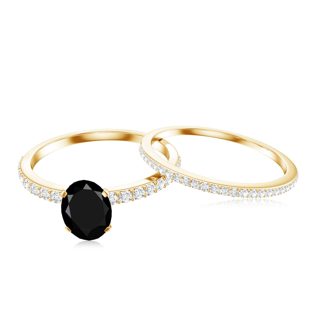 6X8mm Oval Cut Black Onyx Solitaire Rings Set with Diamond Wedding Band
