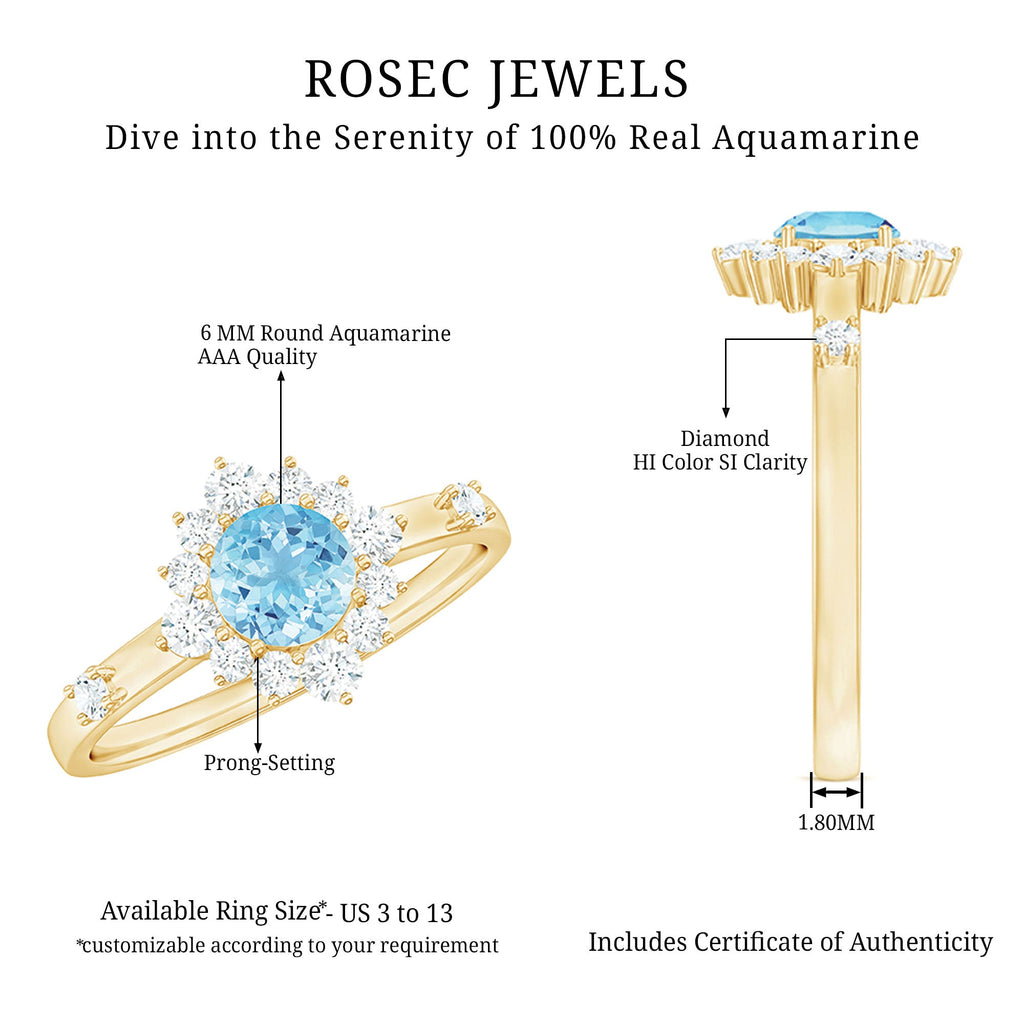 Genuine 0.8 Carat Aquamarine and Diamond Halo Engagement Ring