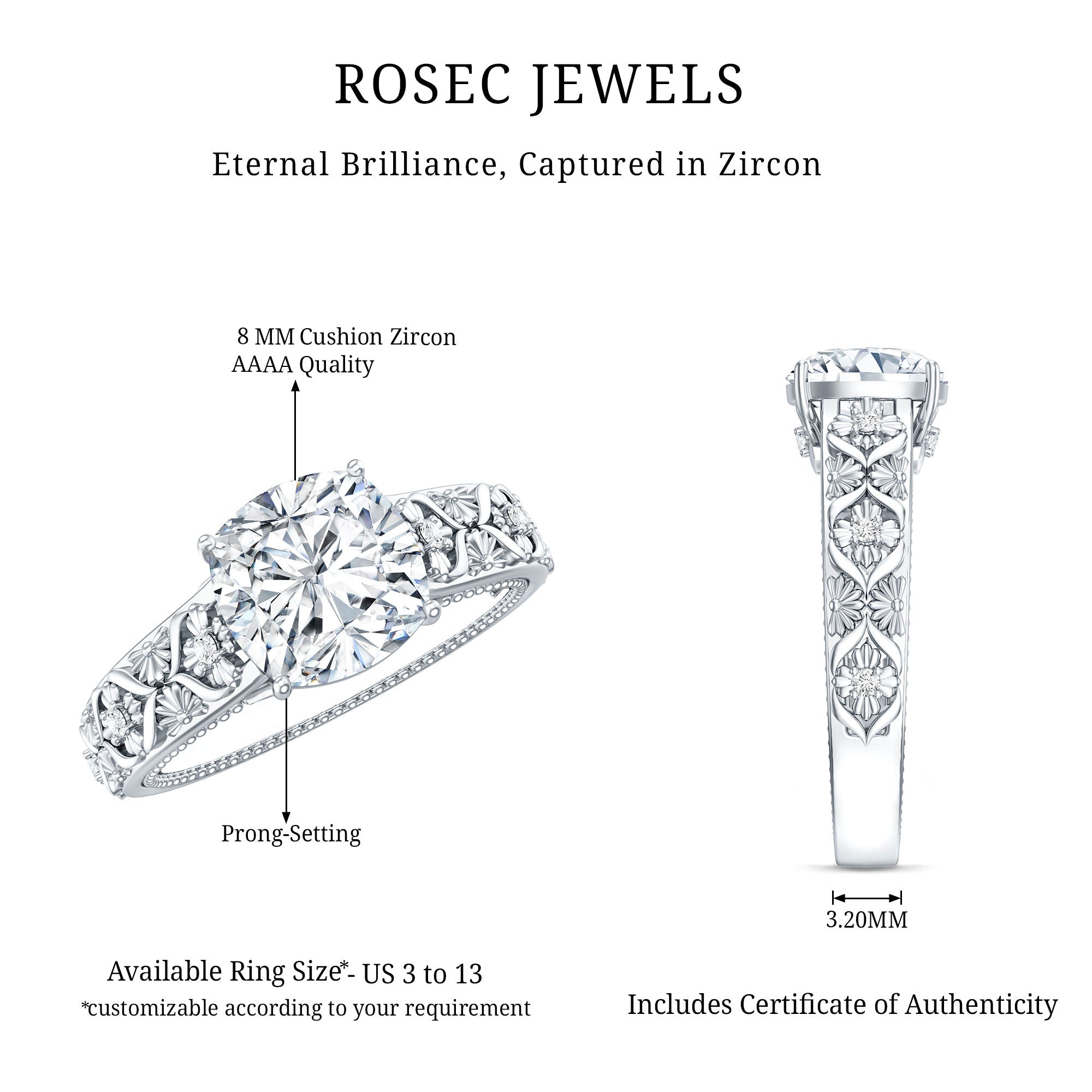 Cushion Cut Solitaire Zircon Gold Floral Engagement Ring