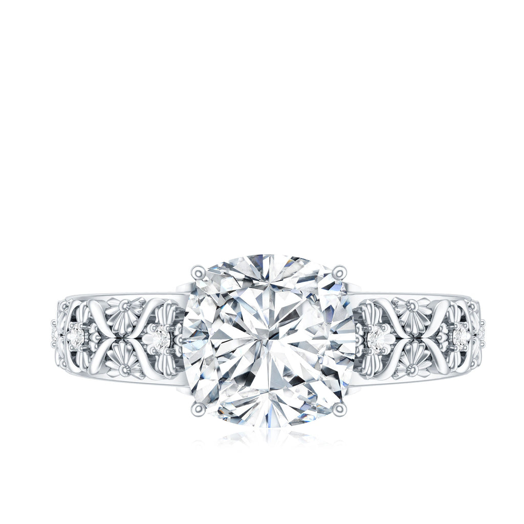 Cushion Cut Solitaire Zircon Gold Floral Engagement Ring