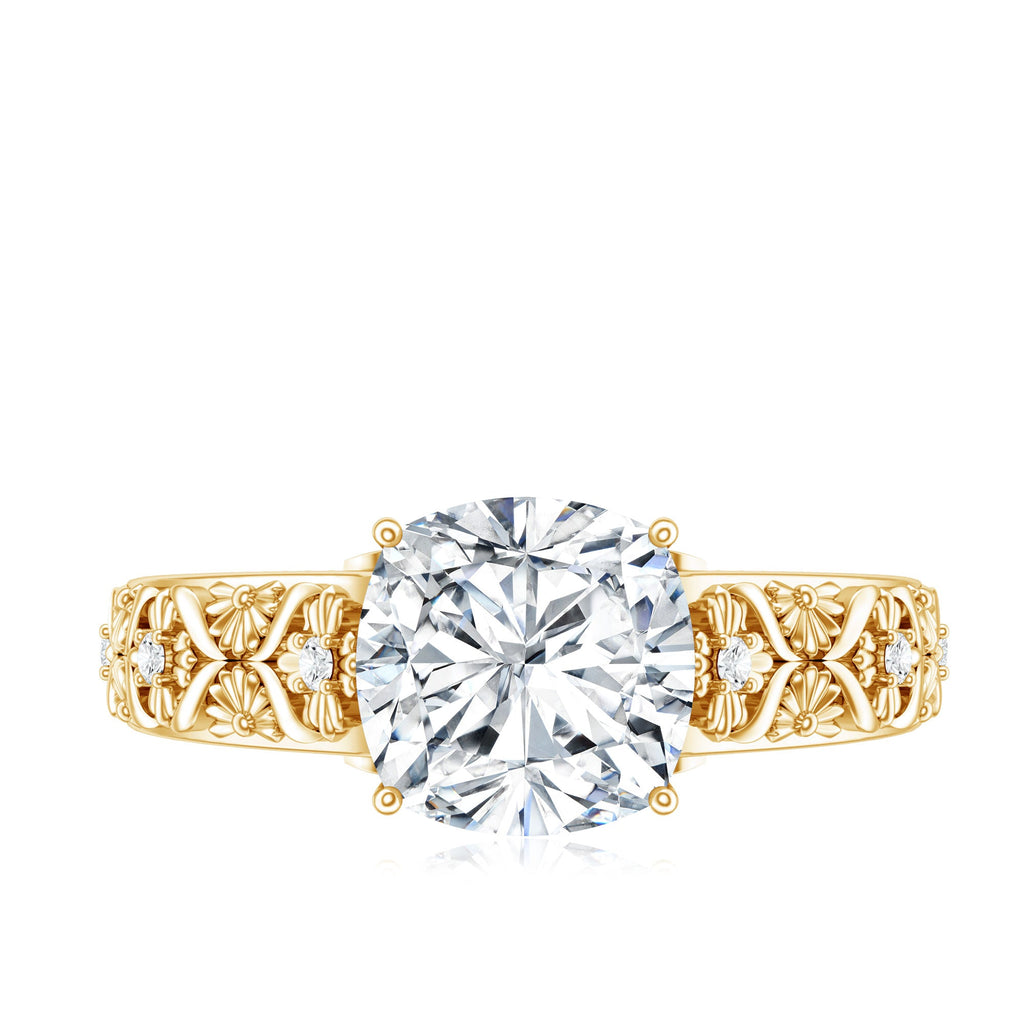 Cushion Cut Solitaire Zircon Gold Floral Engagement Ring