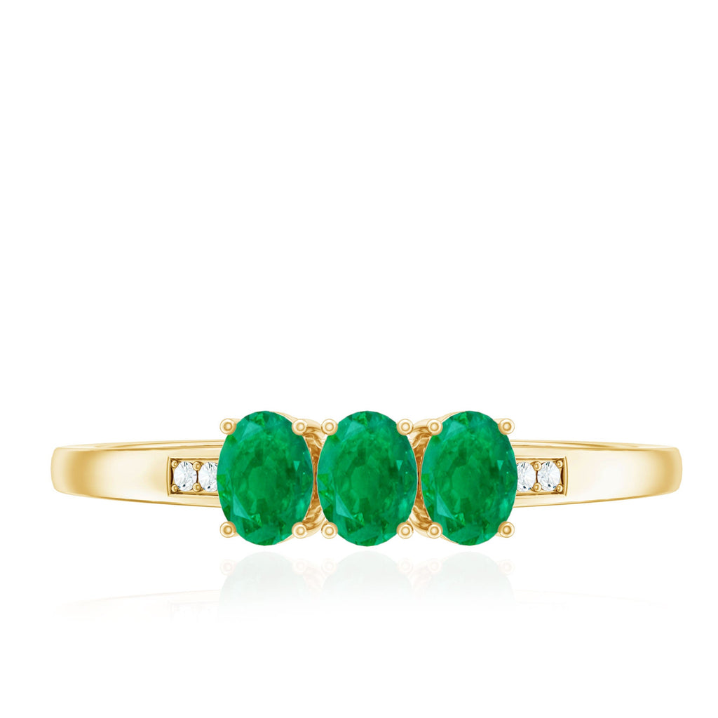 Certified Real Oval Emerald Three Stone Promise Ring with Diamond