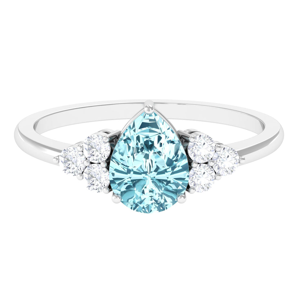 Genuine Aquamarine Teardrop Engagement Ring with Diamond Trio