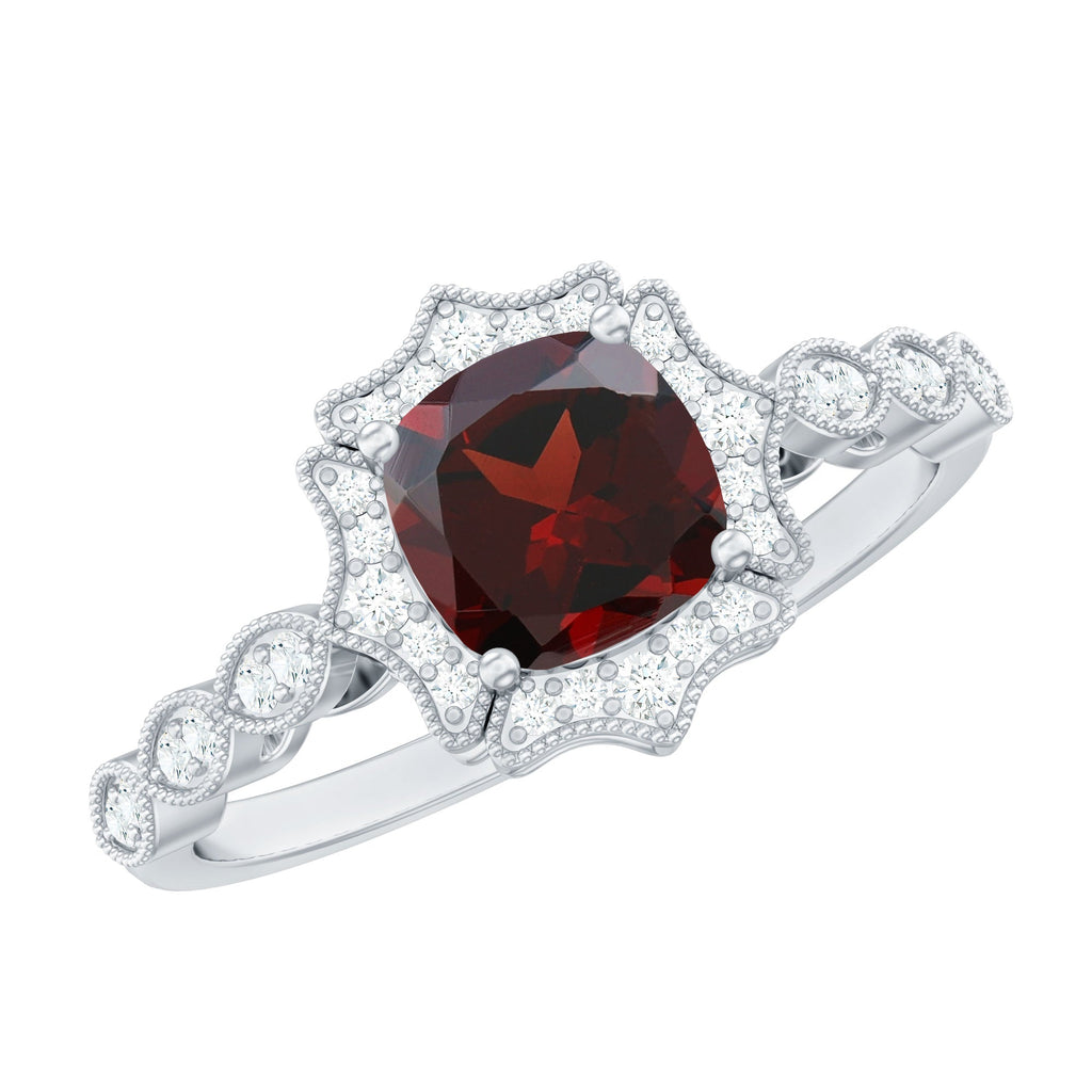 Vintage Looking 3.2 Carat Garnet Cushion Cut Engagement Ring with Diamond