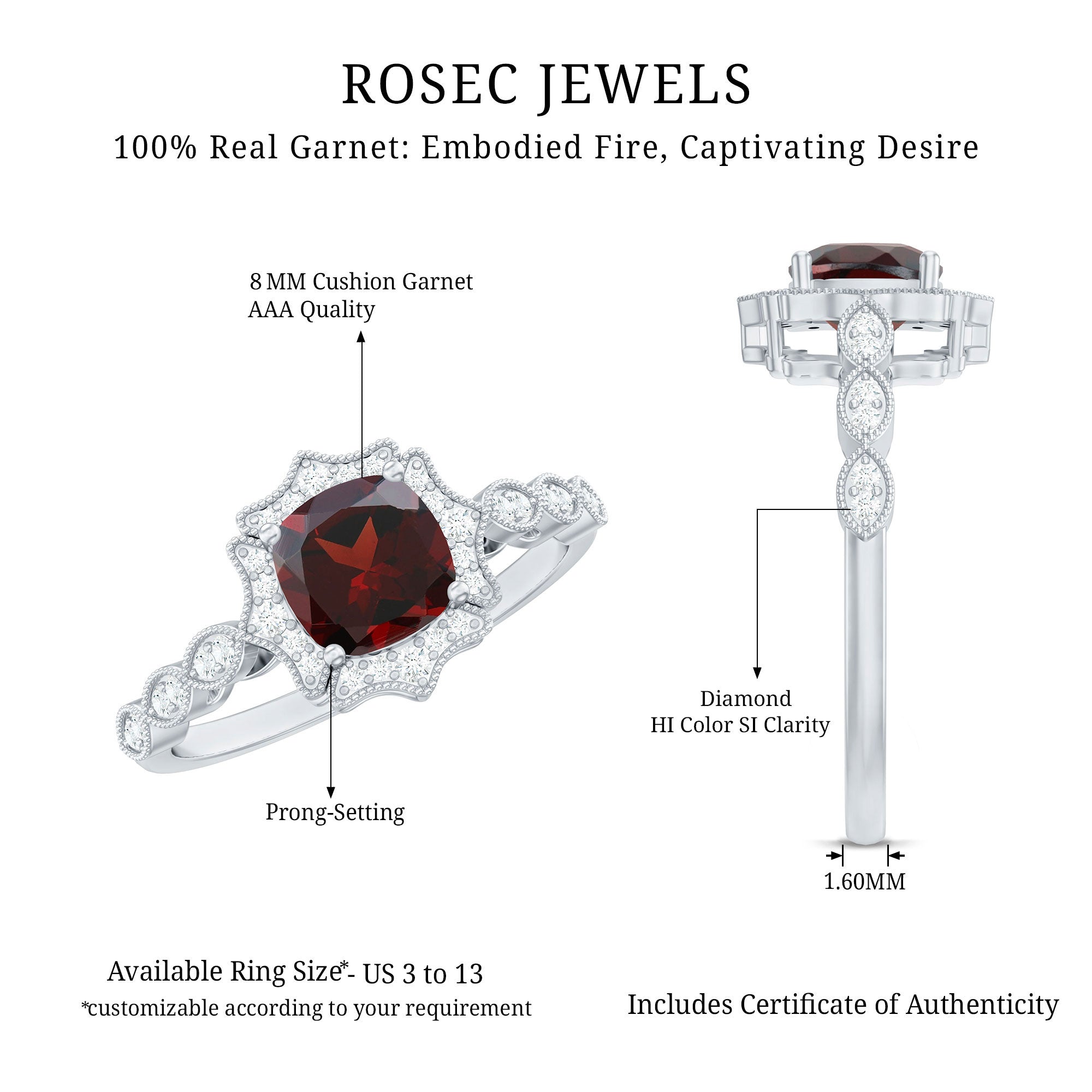 Vintage Looking 3.2 Carat Garnet Cushion Cut Engagement Ring with Diamond