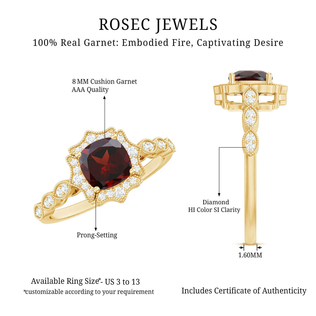 Vintage Looking 3.2 Carat Garnet Cushion Cut Engagement Ring with Diamond