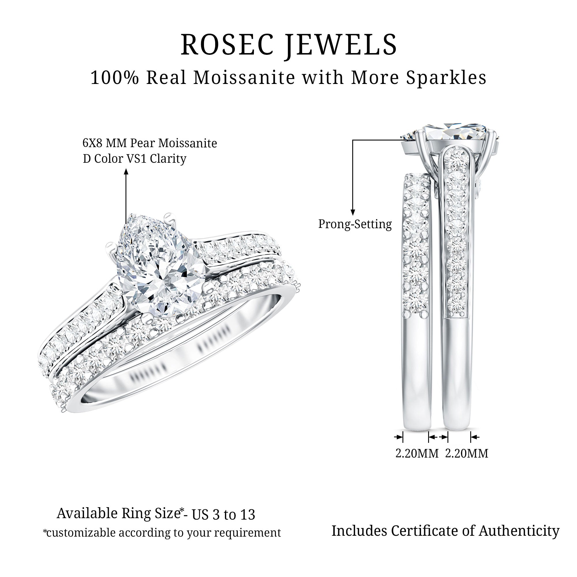 Certified 1 Carat Moissanite Pear Shaped Engagement Ring with Enhancer