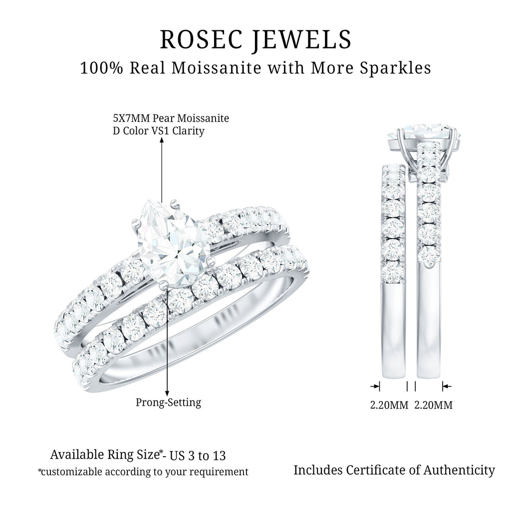 Pear Shaped Moissanite Engagement Ring with Wedding Band