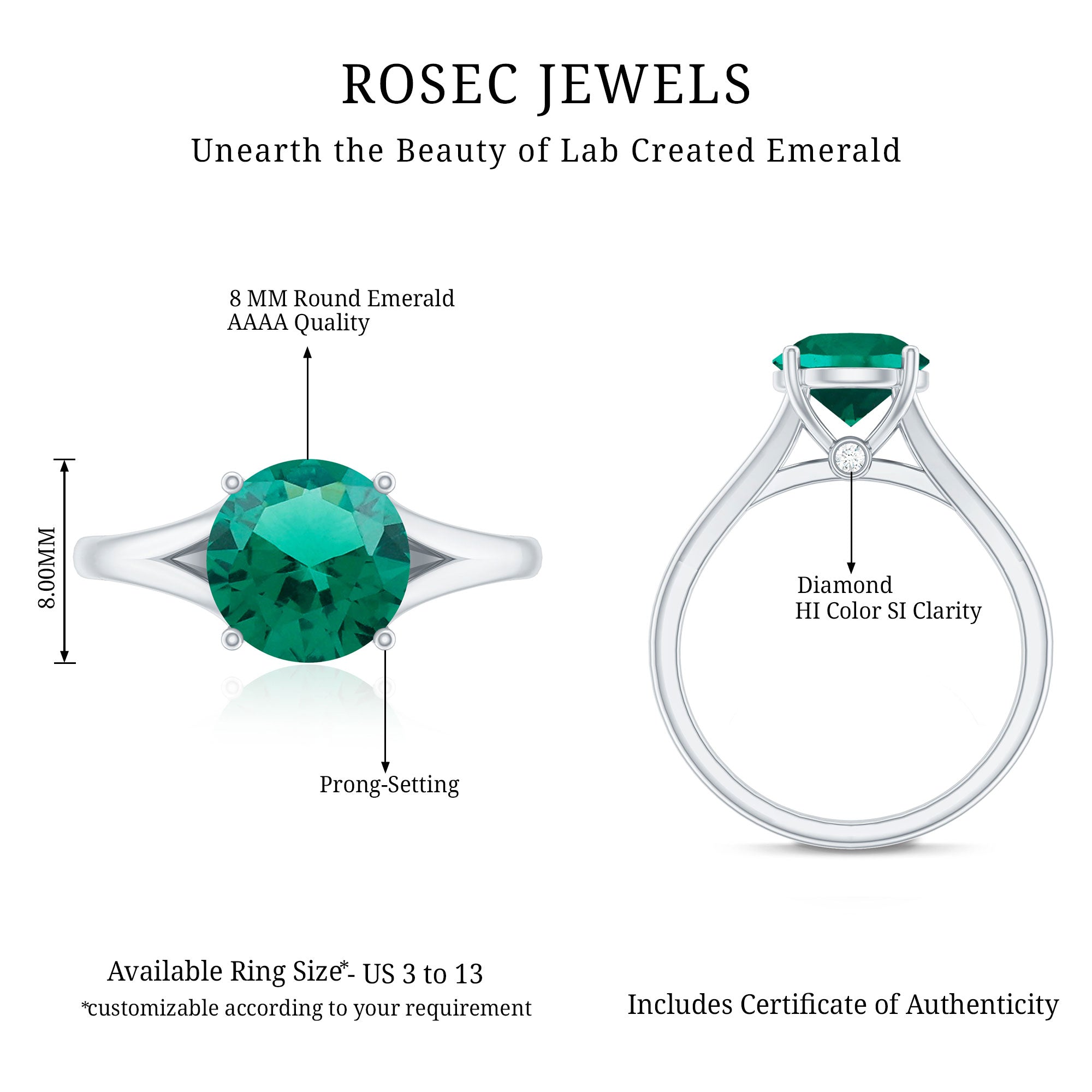 Certified 8 mm Lab Grown Emerald Engagement Ring with Diamond