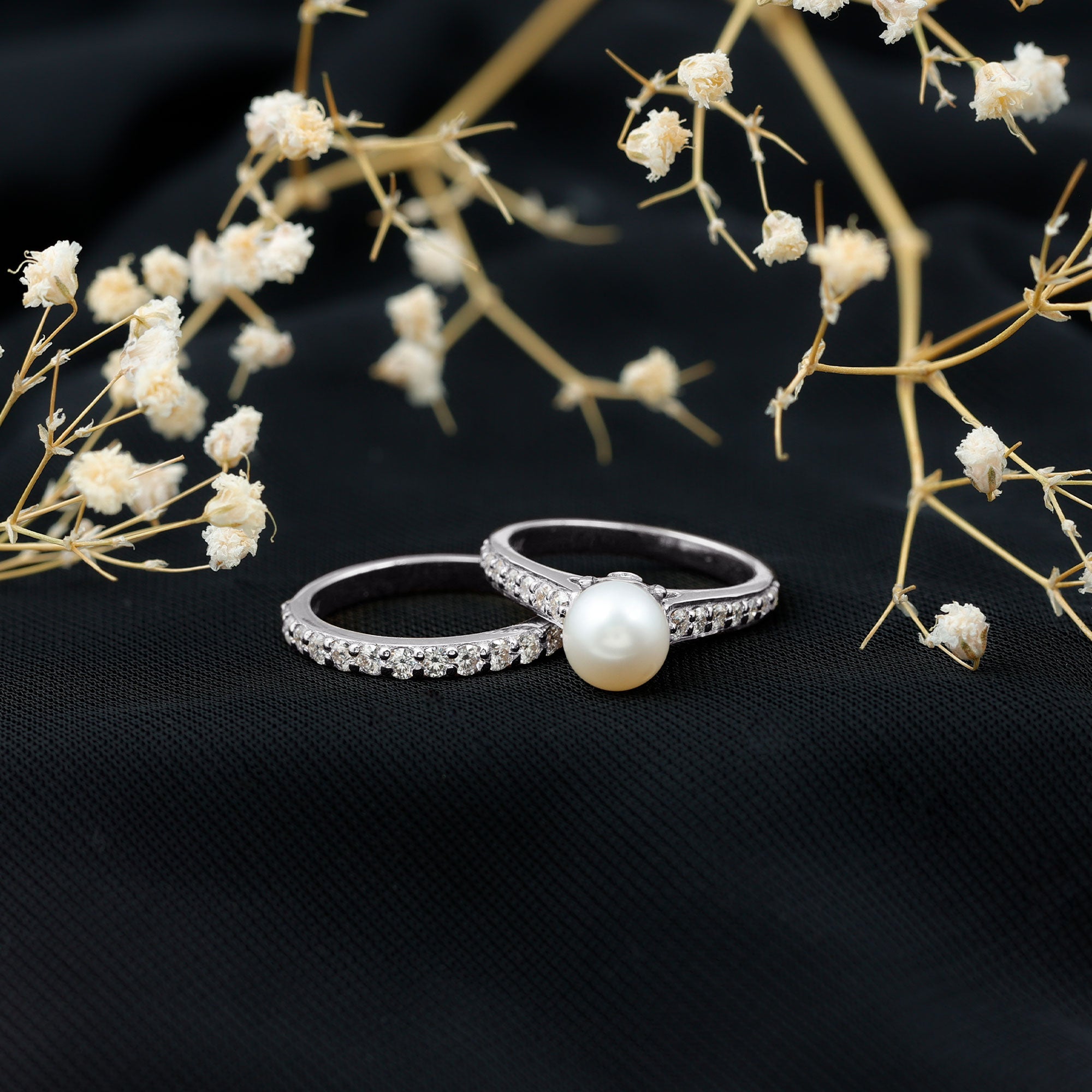 Cultured Freshwater Pearl Wedding Bridal Ring Set with Moissanite