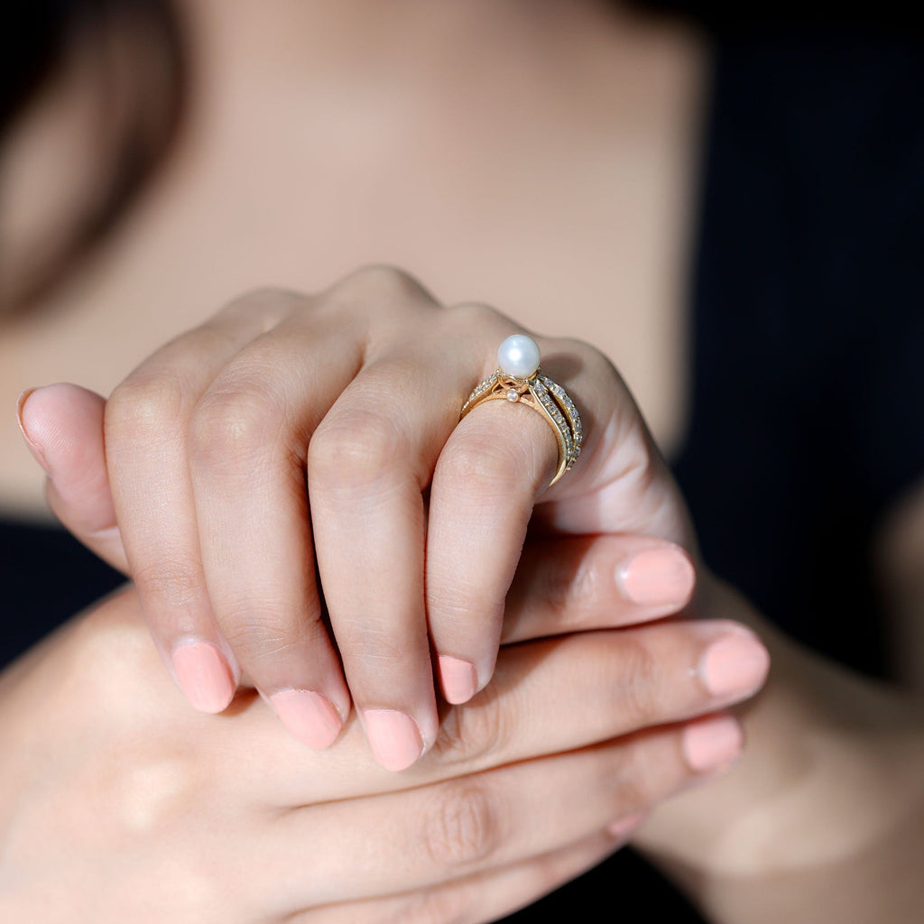 Cultured Freshwater Pearl Wedding Bridal Ring Set with Moissanite