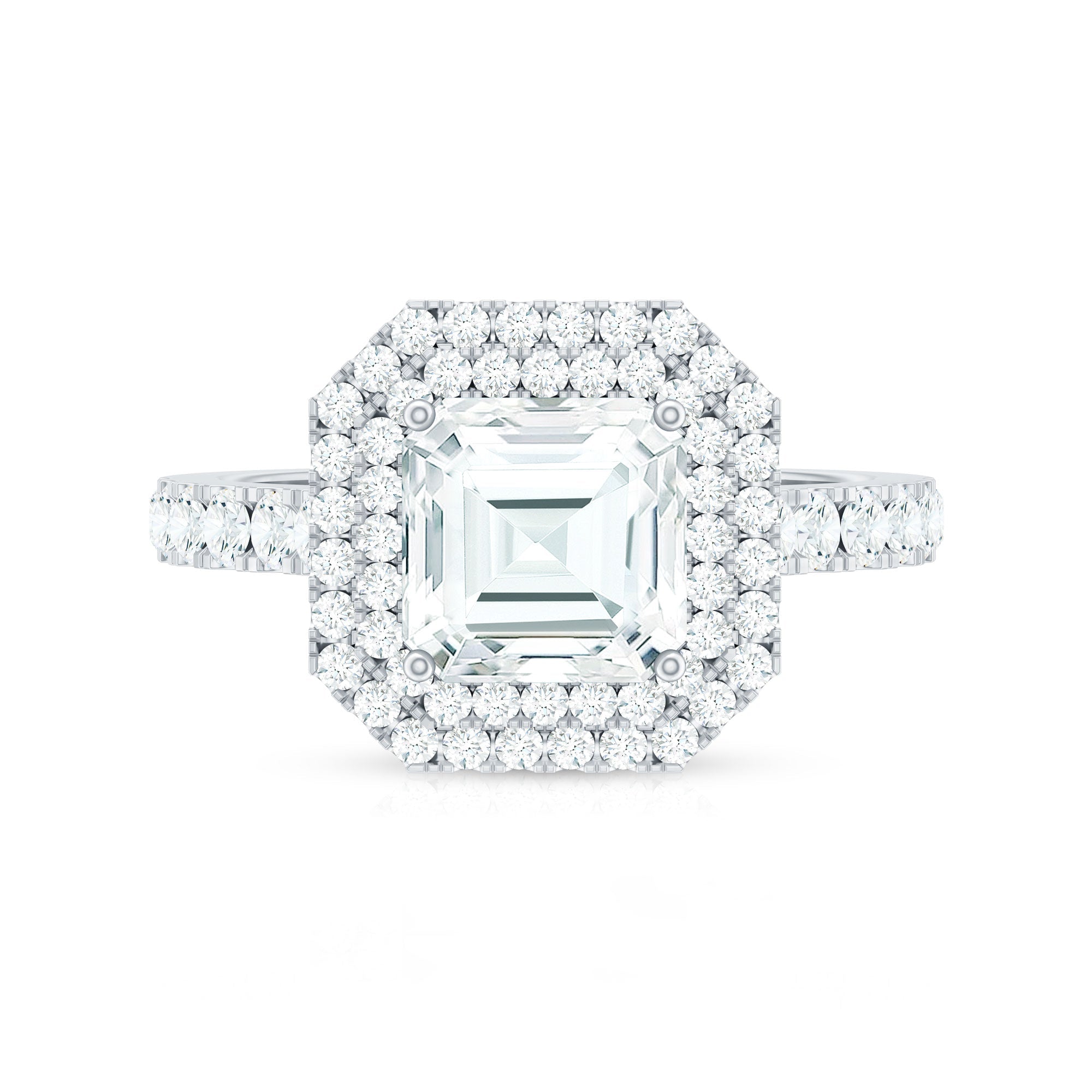 Certified Asscher Cut Moissanite Double Halo Engagement Ring