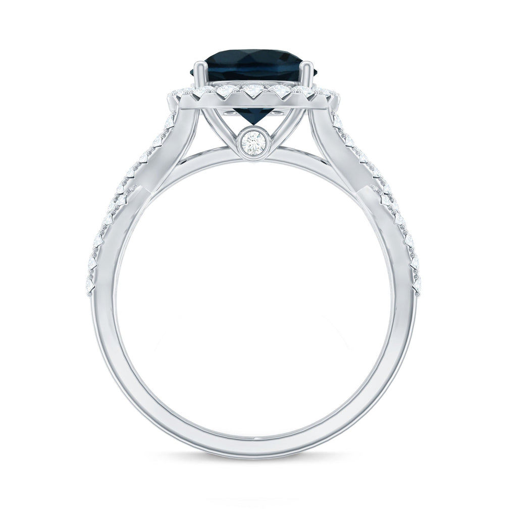 2 Carat Round London Blue Topaz Crossover Engagement Ring with Diamond Halo