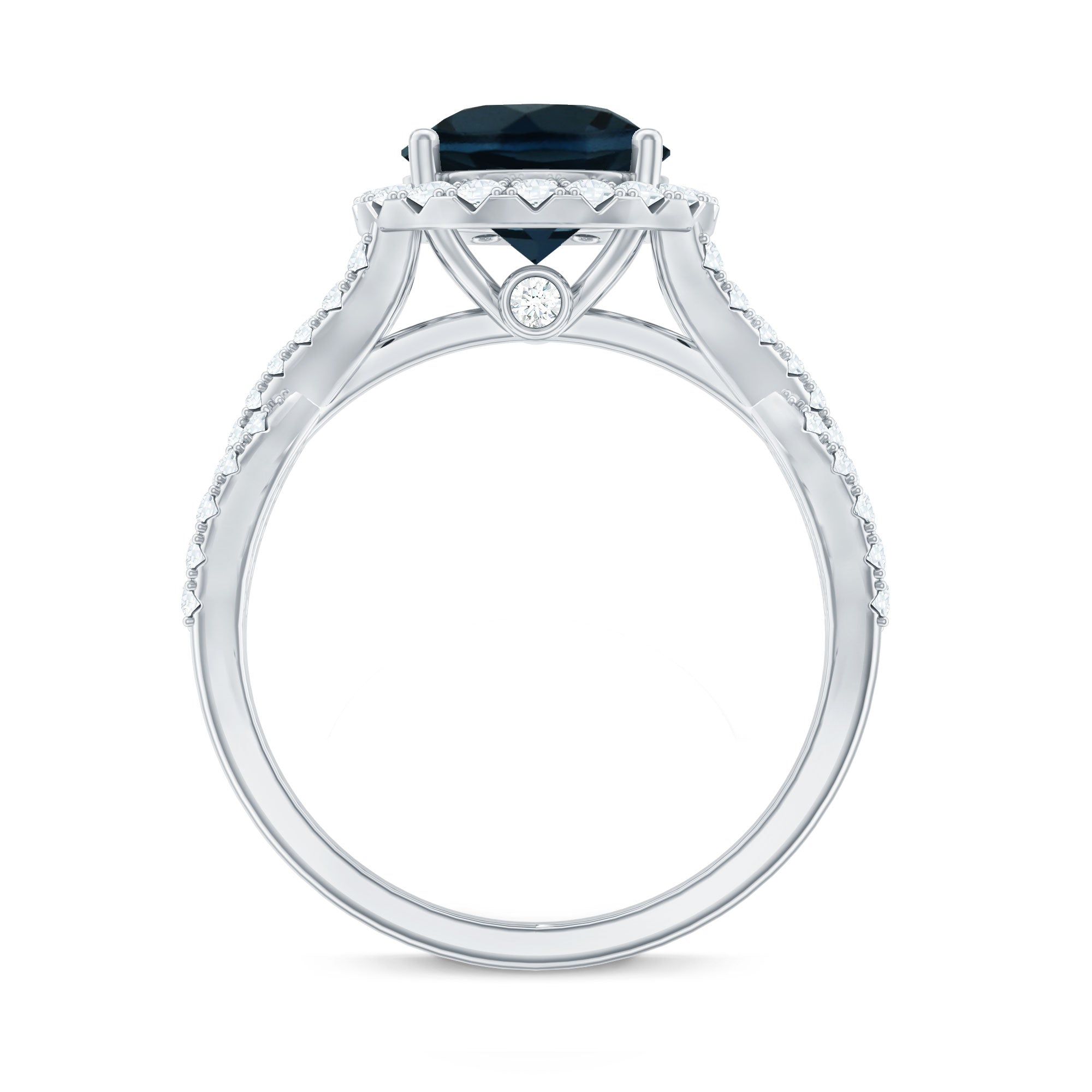 2 Carat Round London Blue Topaz Crossover Engagement Ring with Diamond Halo