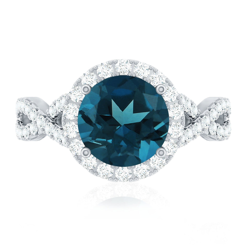 2 Carat Round London Blue Topaz Crossover Engagement Ring with Diamond Halo