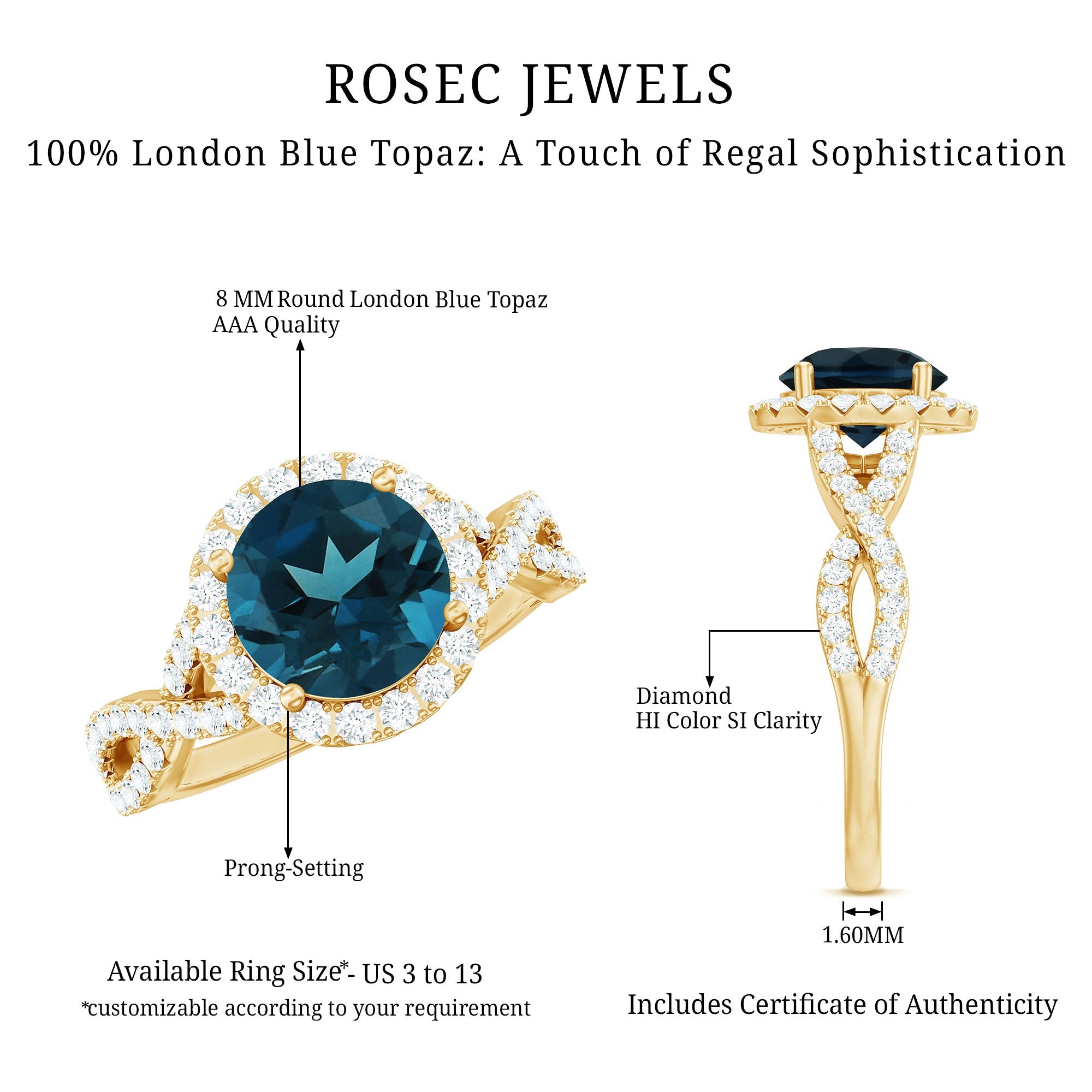 2 Carat Round London Blue Topaz Crossover Engagement Ring with Diamond Halo