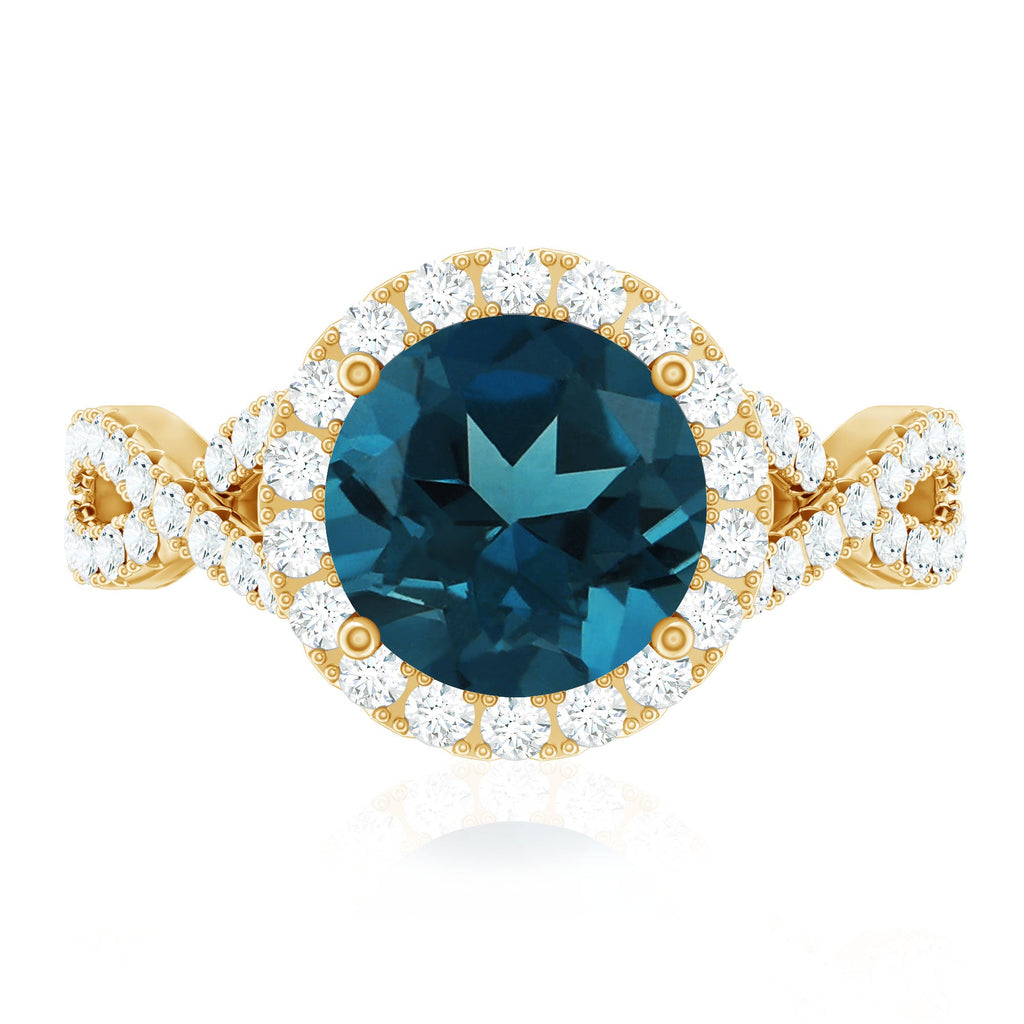 2 Carat Round London Blue Topaz Crossover Engagement Ring with Diamond Halo