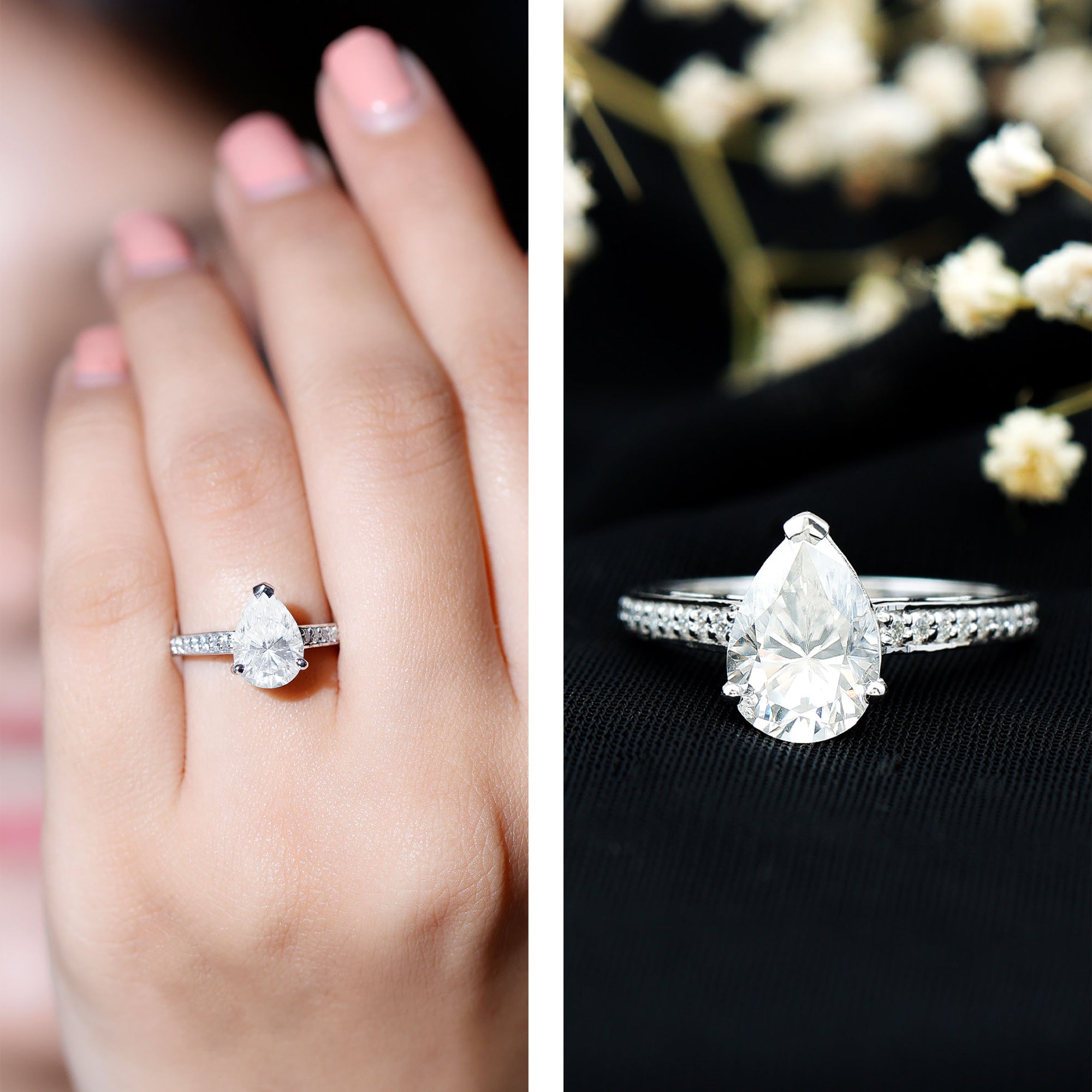 Classic Pear Cut Moissanite Solitaire Engagement Ring With Side Stones