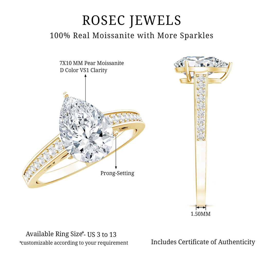 Classic Pear Cut Moissanite Solitaire Engagement Ring With Side Stones