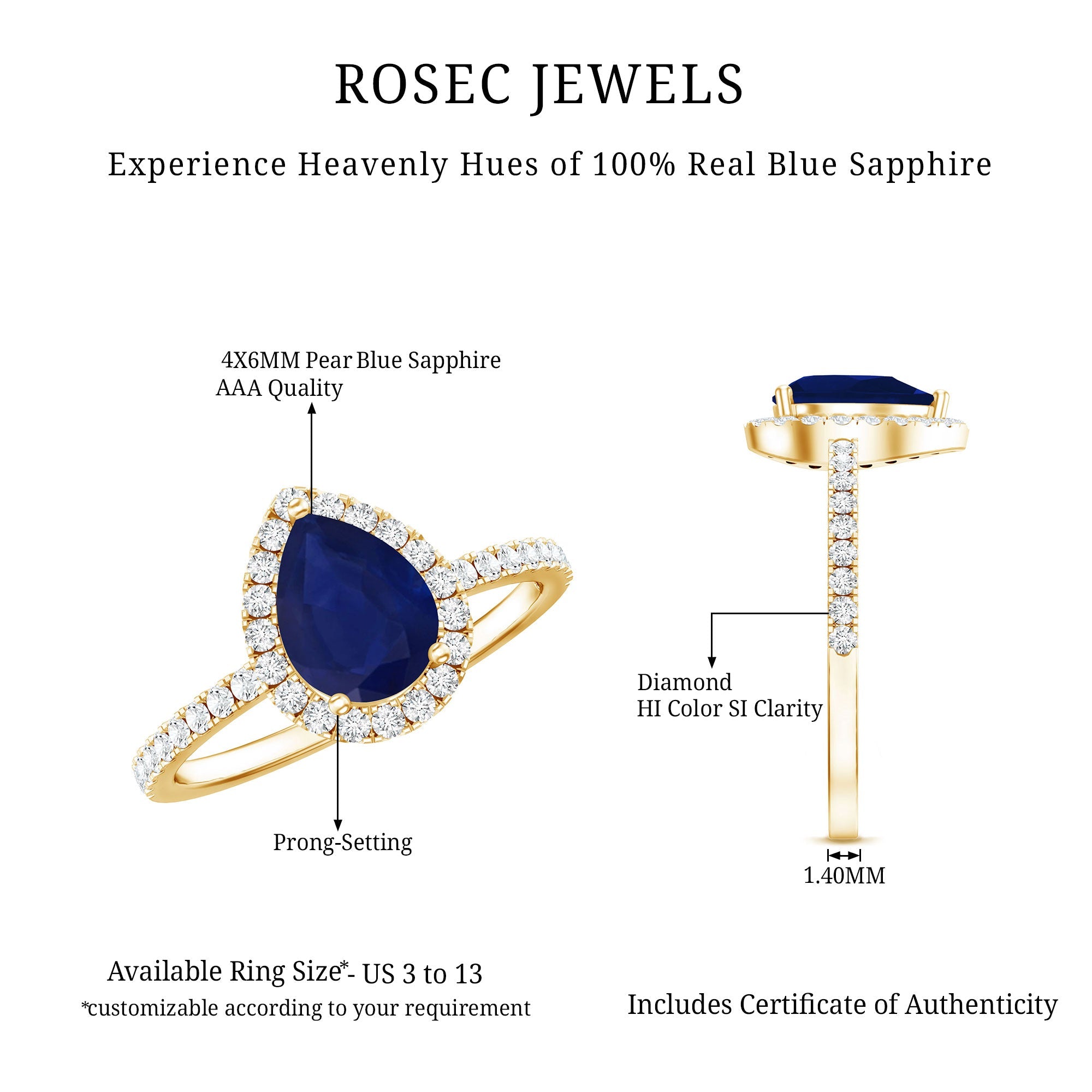 Natural Blue Sapphire and Diamond Teardrop Halo Engagement Ring